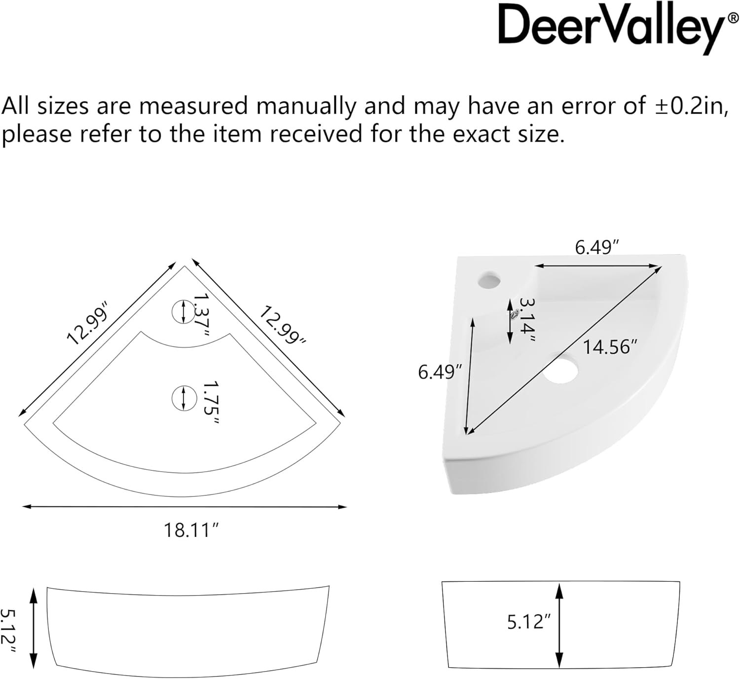 DeerValley 18x13 Inch White Triangle Ceramic Wall Mount Sink, Above Counter Porcelain Bathroom Small Corner Sink with Faucet Hole and Overflow, DV-1V0222