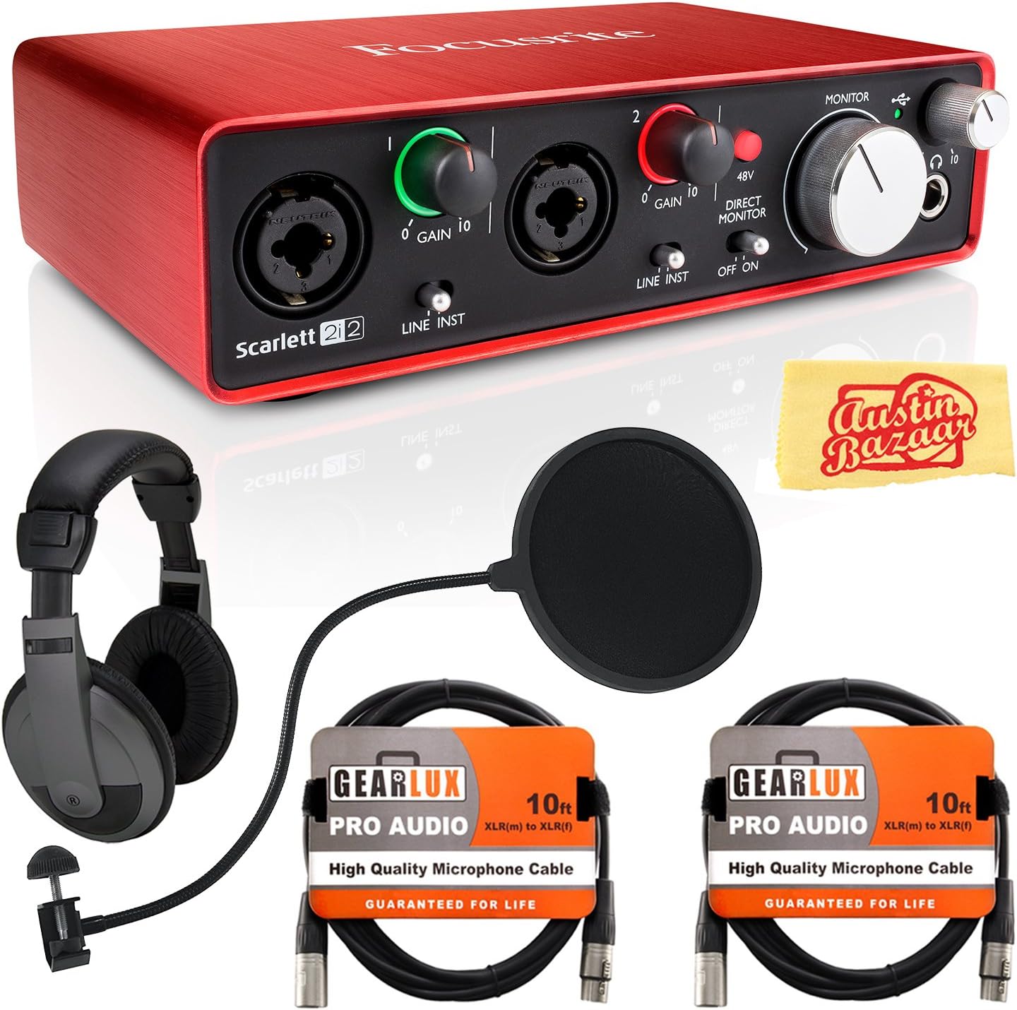 Focusrite Scarlett 2i2 USB Audio Interface Bundle with Headphones, Pop Filter, 2 XLR Cables, and Austin Bazaar Polishing Cloth