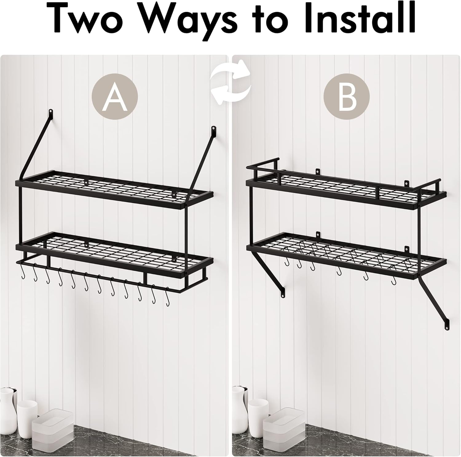 KES 24 Inch Kitchen Wall Mount Pot Pan Rack Wall Shelf and 30-Inch 2-Tier Kitchen Pot Rack with 12 Hooks Matte Black, KUR215S60-BK+KUR215S75B-BK