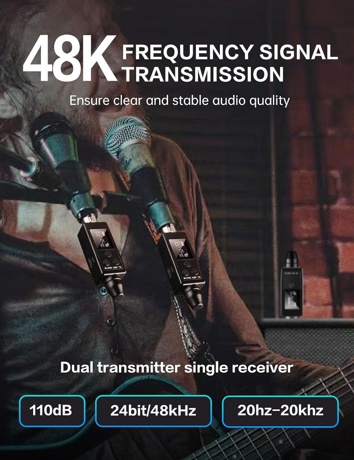 EBJ Wireless Microphone System UHF wireless XLR transmitter and receiver for dynamic/capacitive microphones, 48V Phantom power supply, electric guitar/bass, audio mixer, PA system (One drag two)