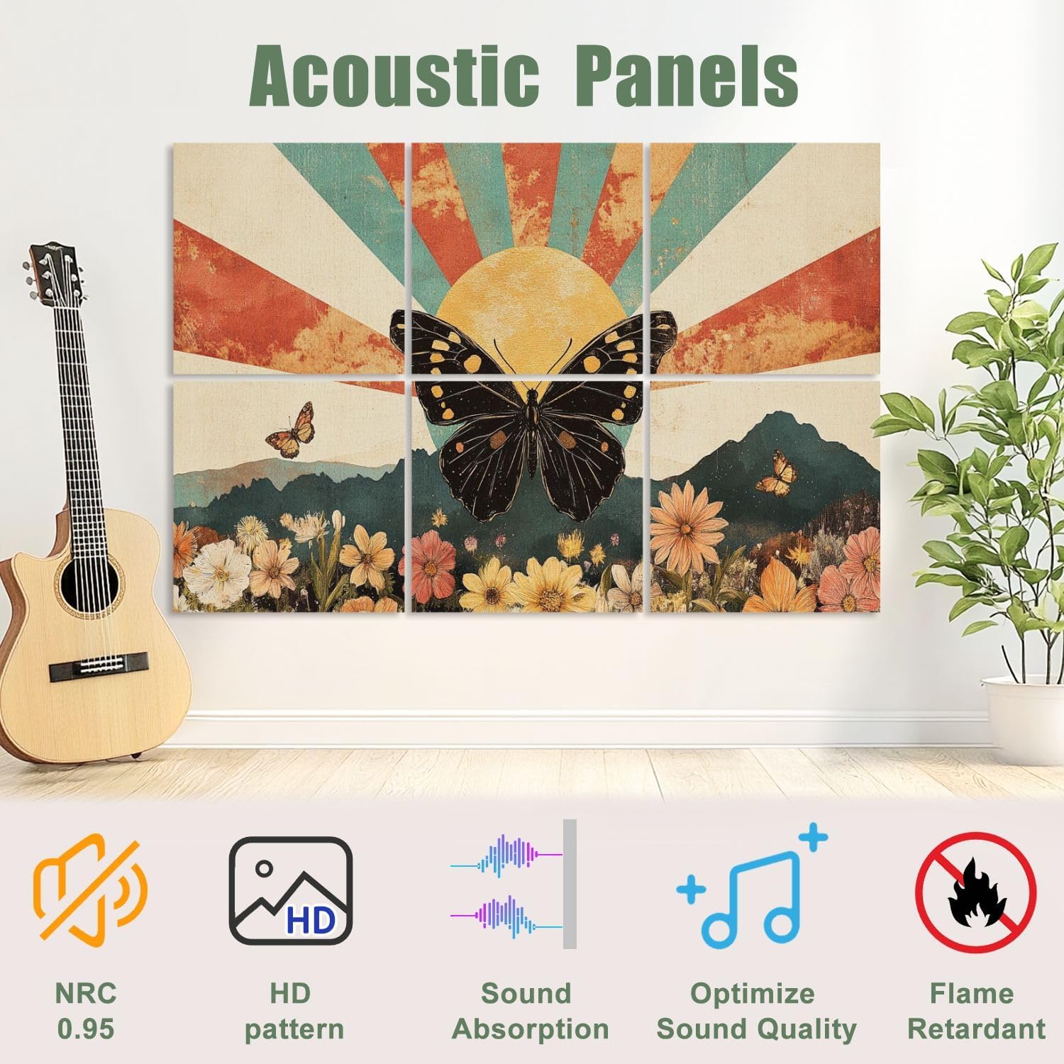 6 Pack Art Acoustic Panels Sound Absorbing Mid Century Modern Abstract Bohemian Sunset Mountains Watercolor Decorative Soundproof Wall Panels Self Adhesive for Recording Studios Office 72