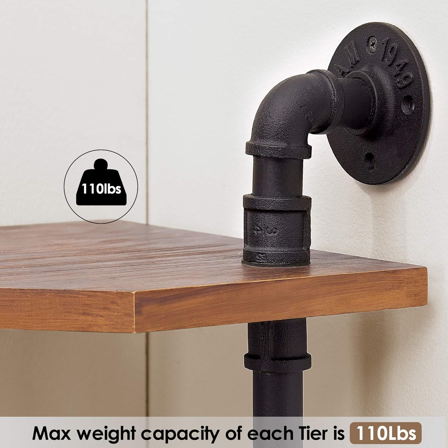 ivinta 5-Tier Bookcase with Storage, Wall Mount Pipe Bookshelf with Solid Wood for Living Room Bedroom Home Office BS505BRN (Rustic Brown)