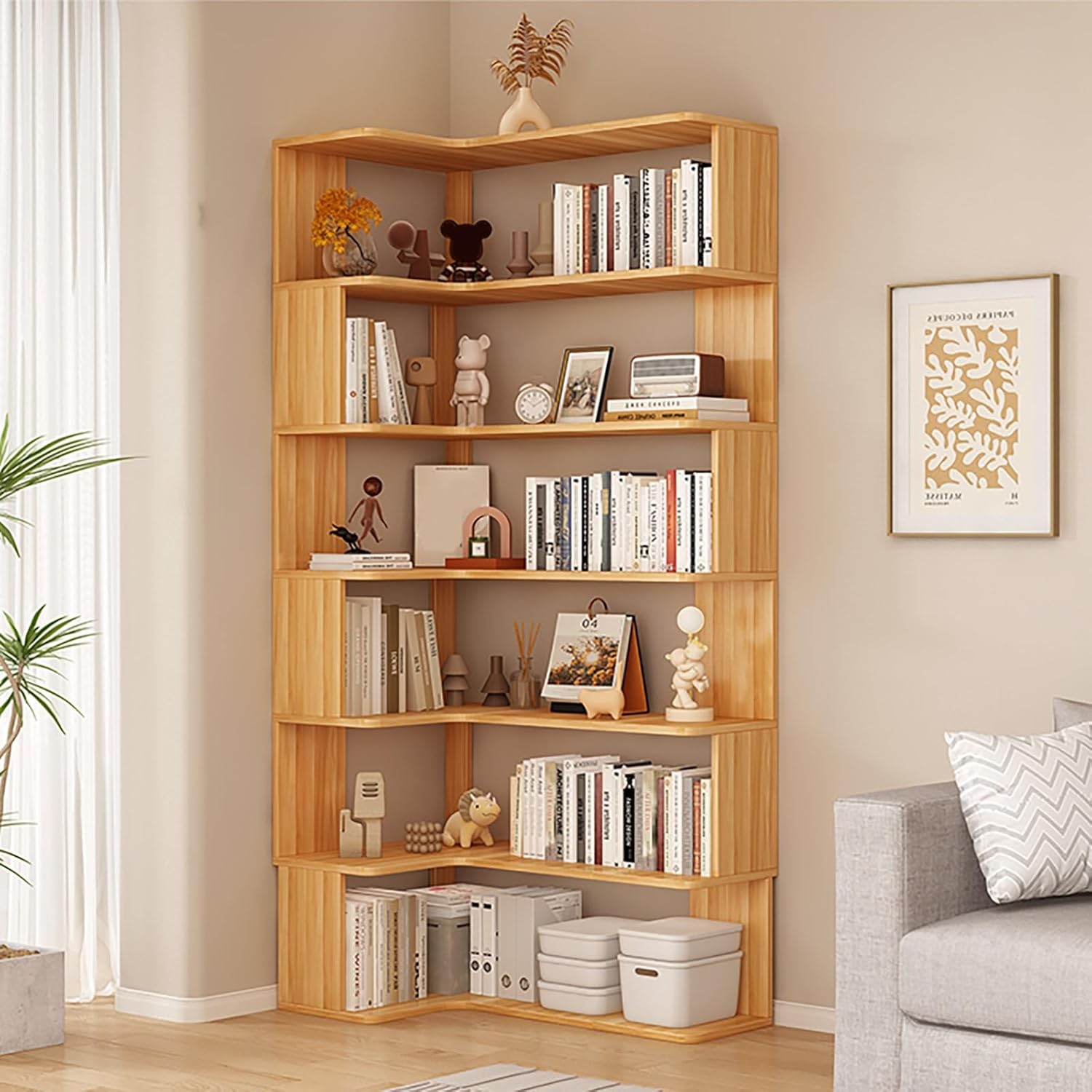 6-Tier Open Corner Bookshelf Freestanding Display Rack Shelving Unit, Modern Tall Display Book Shelf Library Industrial Shelving Book Case Easy Assembly(Yellow)