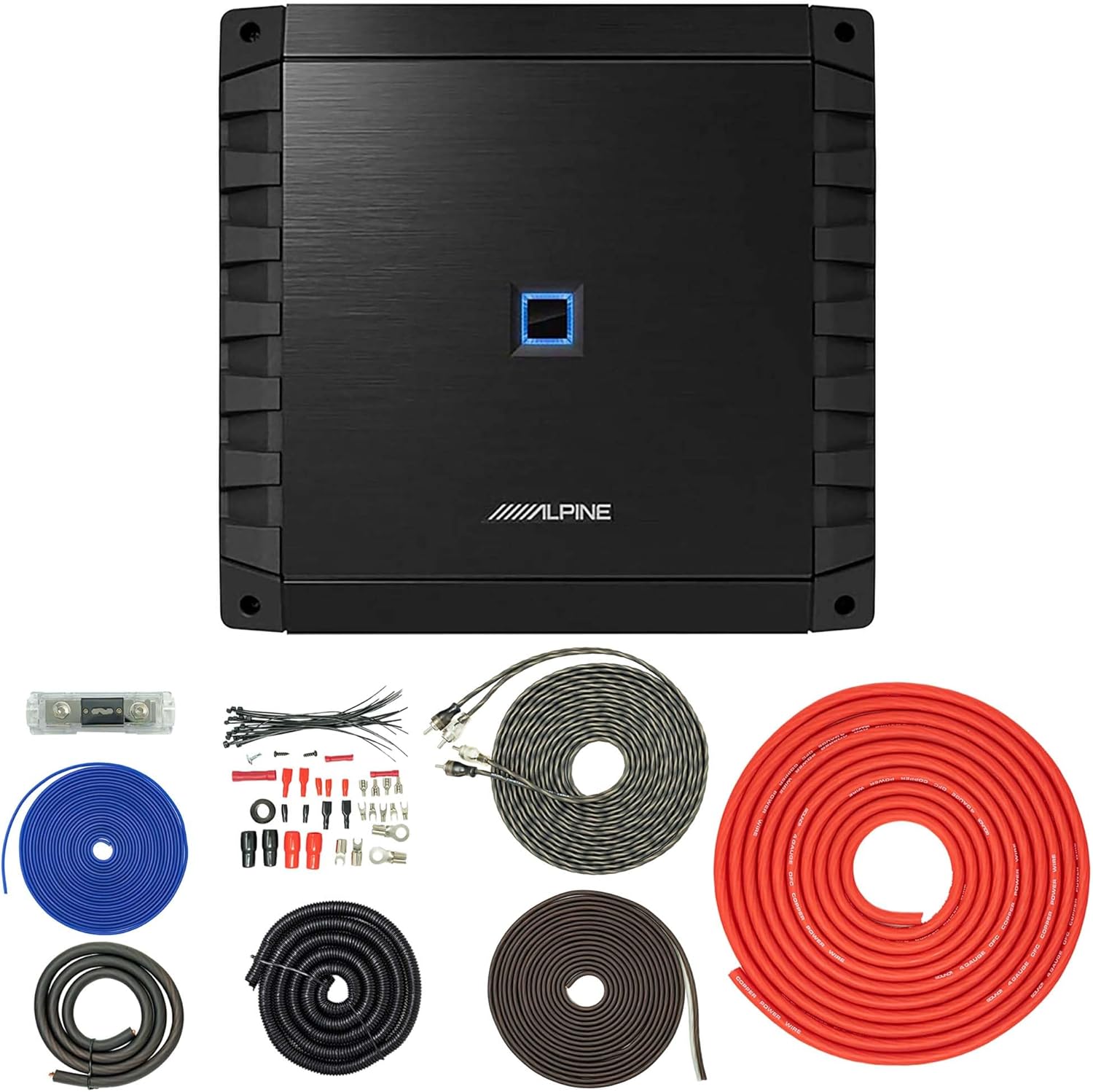 Alpine S2-A60M S Series Mono Class D Subwoofer Amplifier 600W with SoundBox TCK4 4 Gauge OFC Complete 4 GA Copper Amplifier Install Wiring Kit Bundle