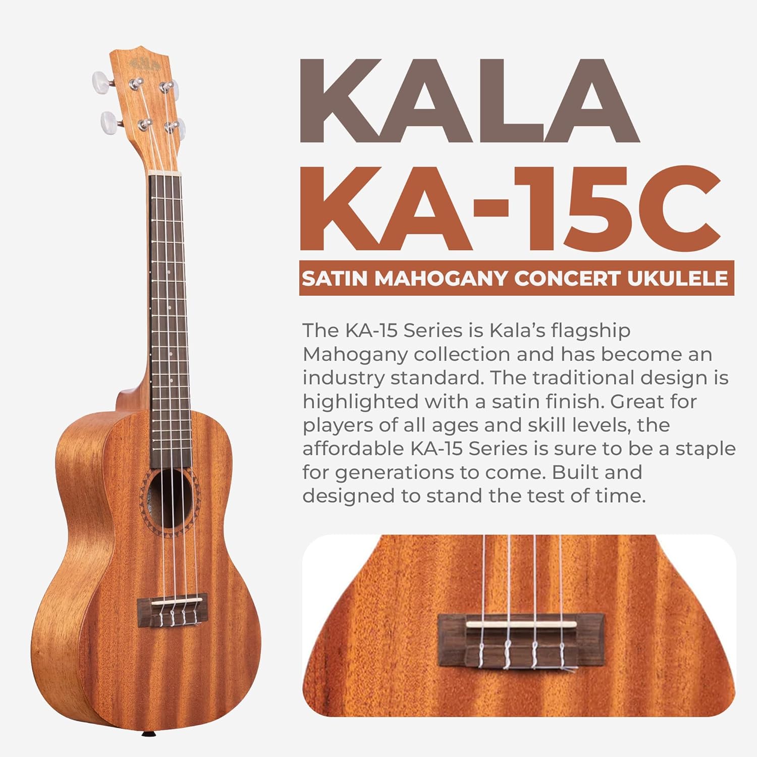 Kala KA-15C Satin Mahogany Concert Ukulele Bundle with Gig Bag, Tuner, Strap, Strings, Austin Bazaar Instructional DVD, and Polishing Cloth