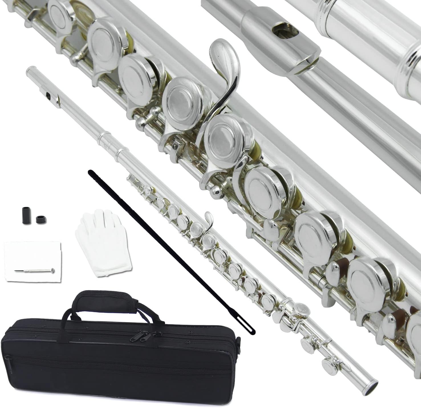 ZUZU Closed Hole C Flute 16- Key Cupronickel Silver- Plated Wind Instrument with Shell Cloth Glove Cleaning Stick Beginners Flute