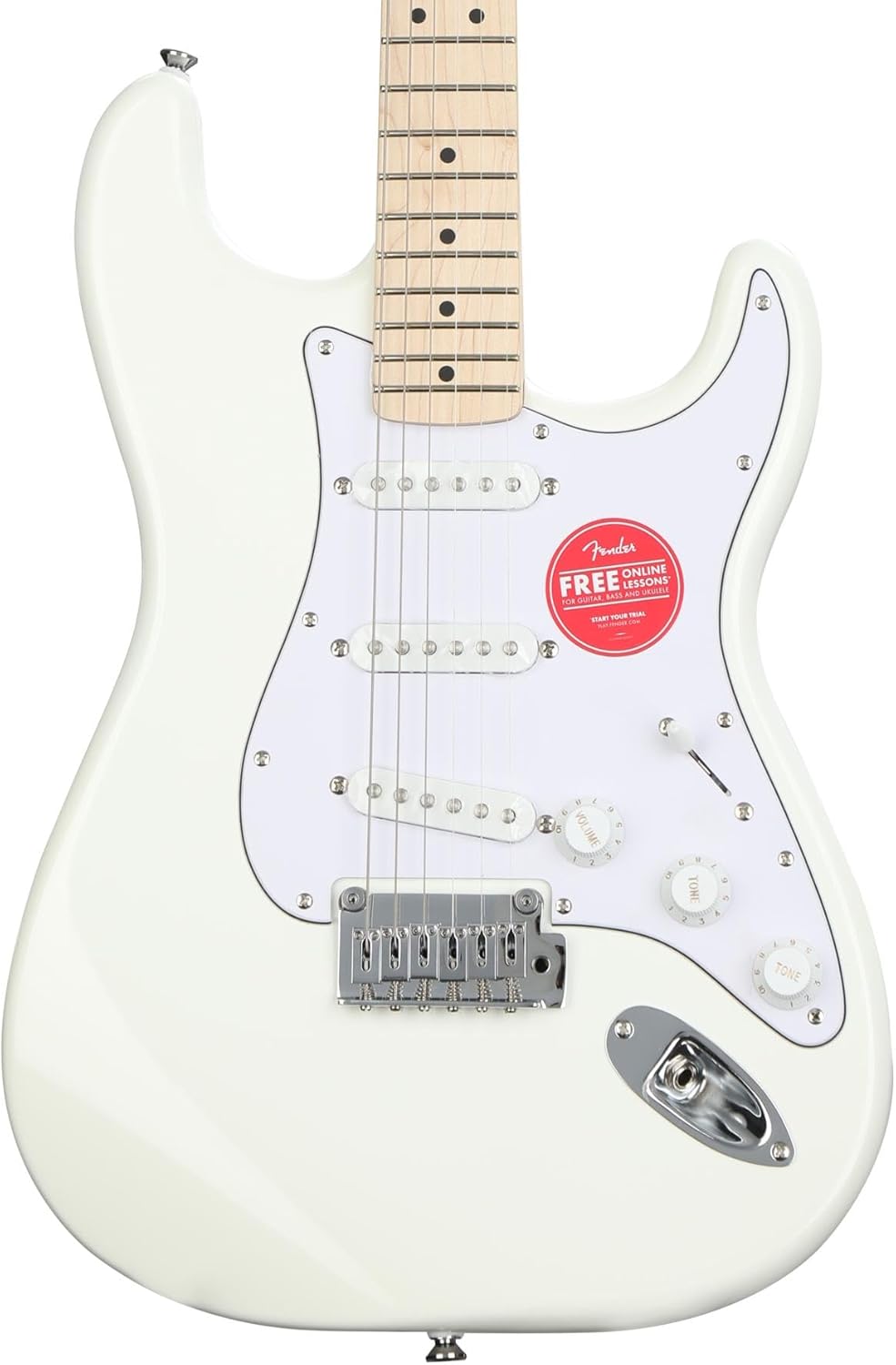 Fender Squier Affinity Series Stratocaster Electric Guitar - Olympic White, Maple Fingerboard, Includes Tuner, Strap, Lightweight Body, 3 Single-Coil Pickups, Tremolo Bridge, Perfect for Beginners and