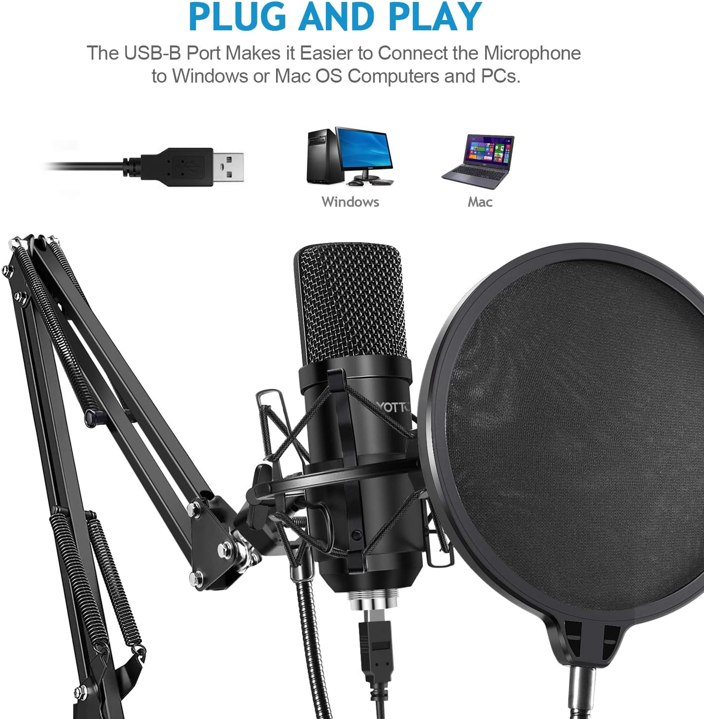 YOTTO USB Microphone Kit 192KHZ/24BIT Plug & Play Computer PC Microphone Studio Streaming Cardioid Mic with Boom Arm Shock Mount Pop Filter for Recording Broadcasting YouTube Gaming Voice