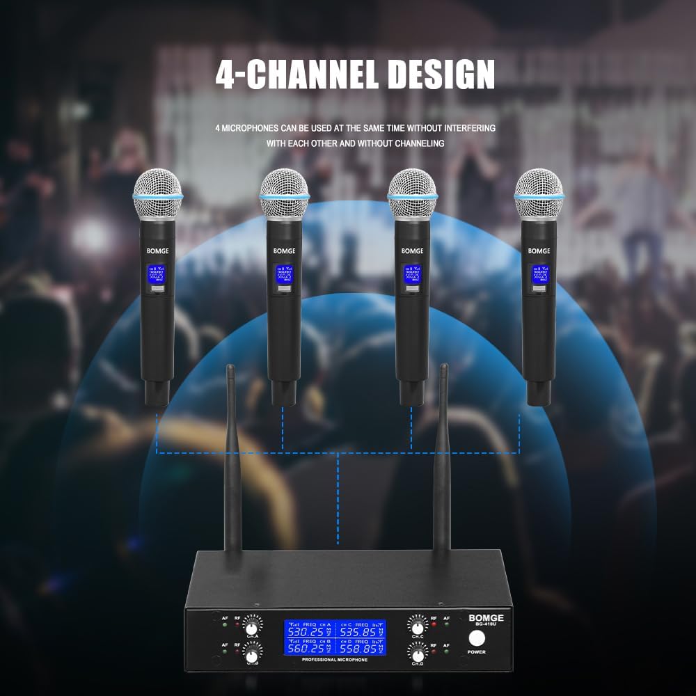 BOMGE Pro Wireless Microphone System, 4-Channel UHF Wireless Mic, Cordless Mic with 4 Handheld Dynamic Microphones, 260ft Range, Microphone for Singing,Church,Karaoke,Party (410U-4 Handheld)
