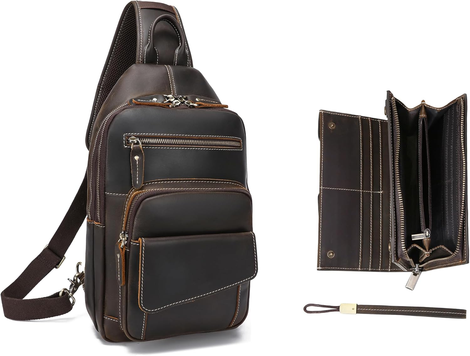 LANNSYNE Vintage Full Grain Leather Sling Bag Causal Crossbody Chest Daypack For Hiking/Travel Fits 11