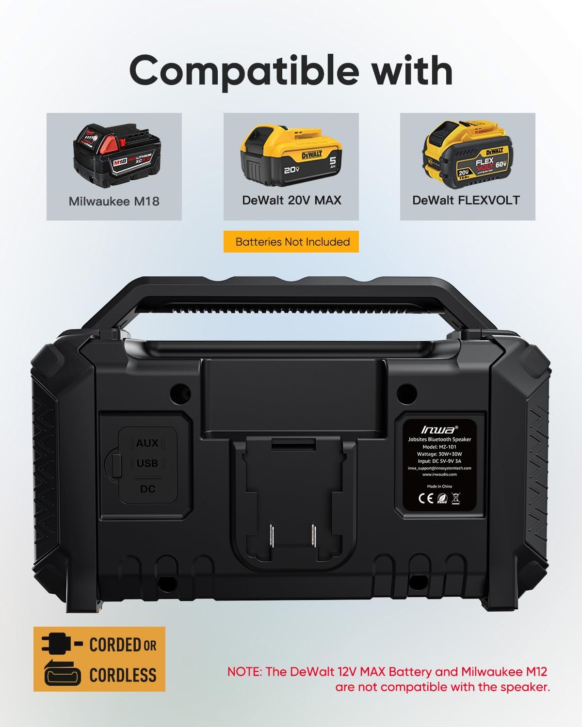 Inwa Portable Bluetooth Speakers Compatible with DeWalt 20V/FLEXVOLT & Milwaukee M18 Battery, 60W Outdoor Jobsite Wireless Speakers, Loud Boombox with RGB Lights & Aux for Work/Workshop/Garage(Black)