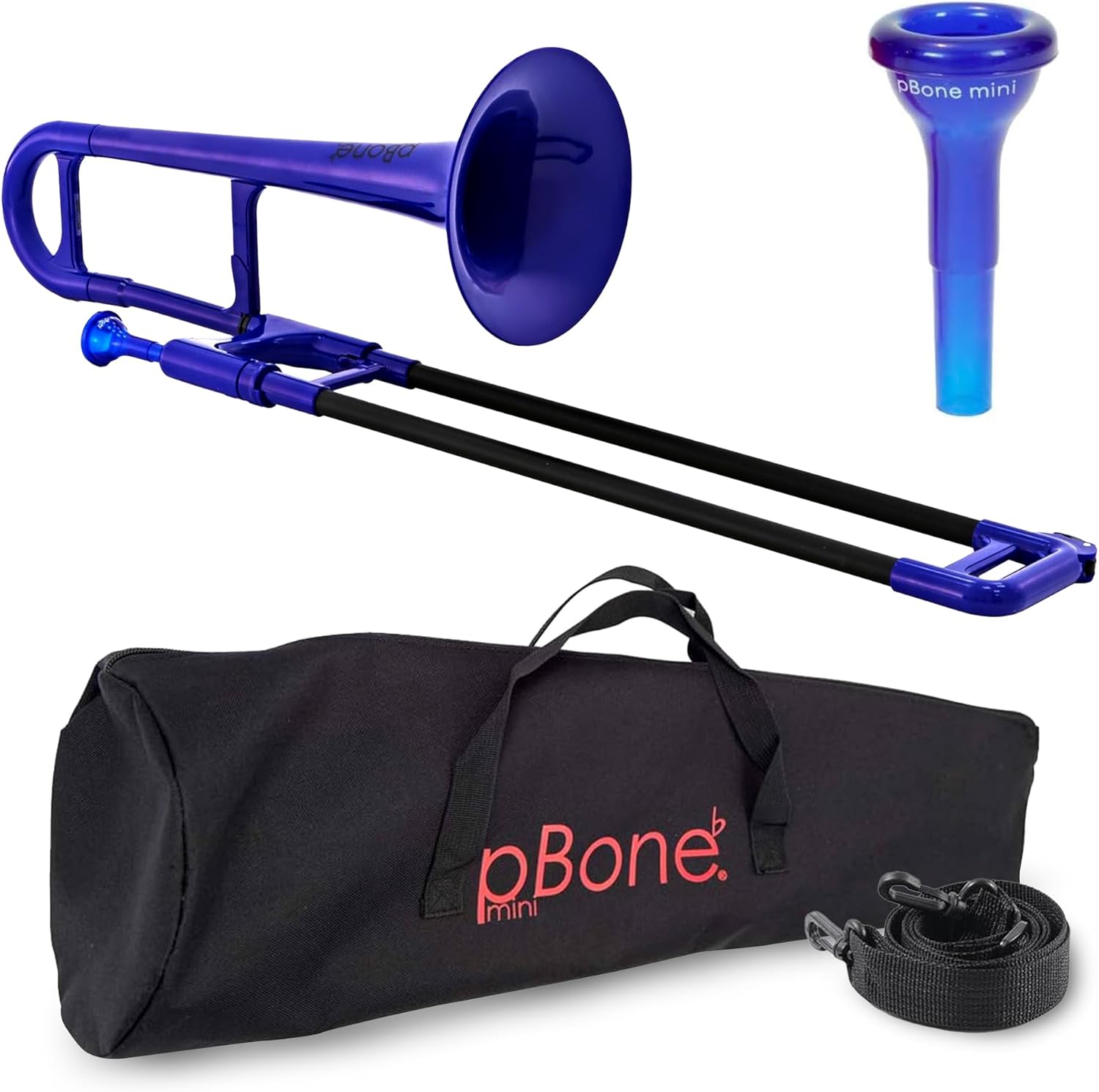 pBone Plastic Kids pBone Mini Trombone - Mouthpiece and Carrying Bag- Lightweight Versatile, Comfortable Ergonomic Grip- Eb Authentic Sound for Student & Beginner- Durable ABS Construction- Blue