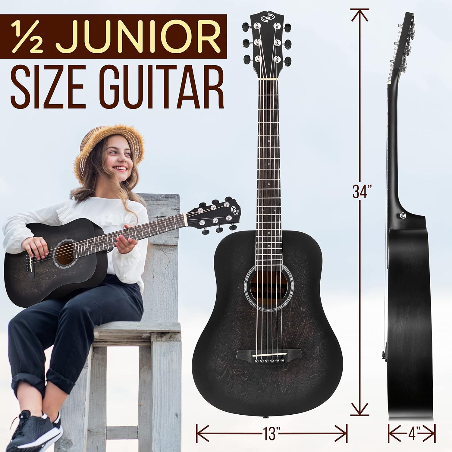 Pyle Acoustic Guitar Kit, 1/2 Junior Size All Wood Steel String Instrument for Beginner Kids, Adults, 34