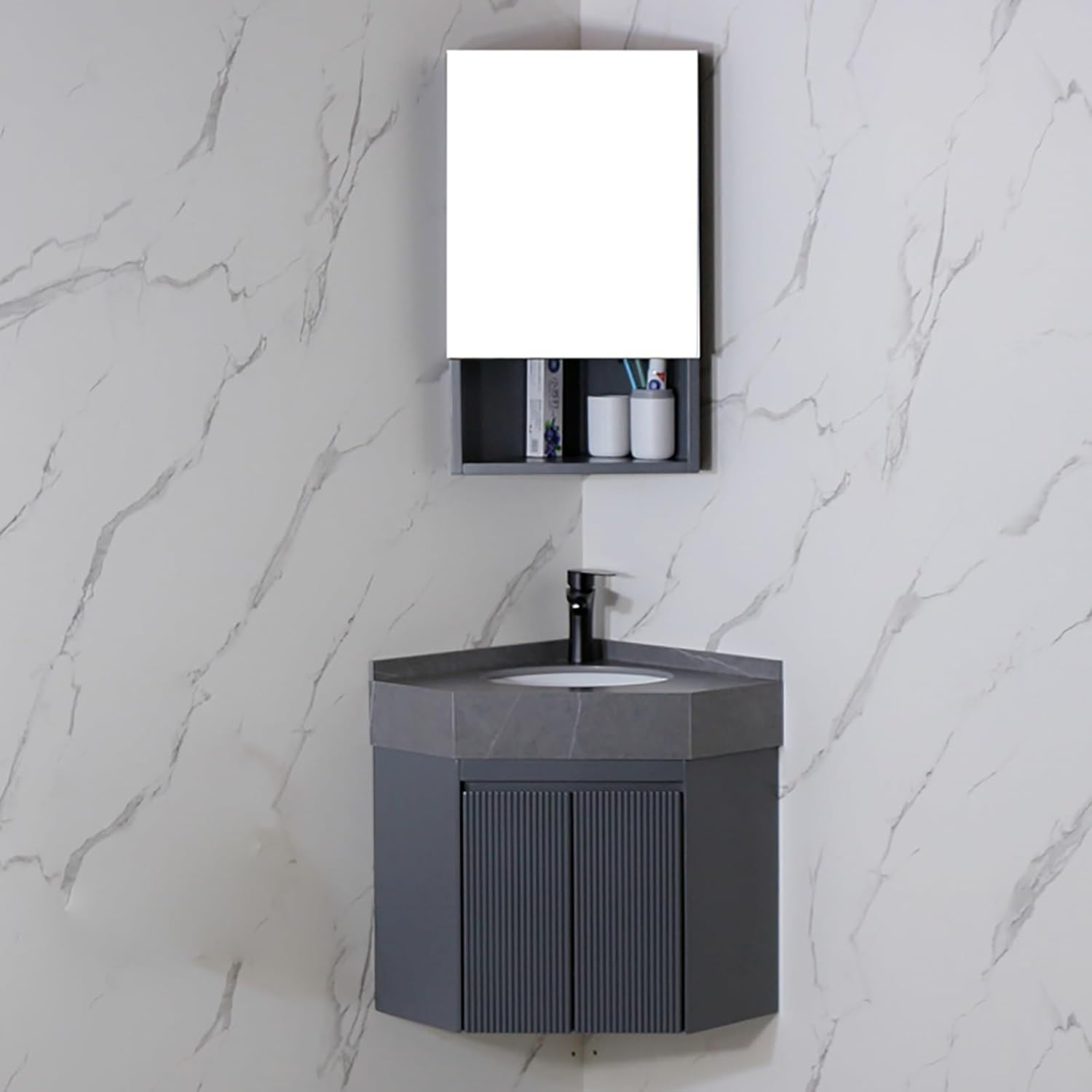 Corner Wall Mount Bathroom Sink, Wall Mounted Bathroom Sink, Bathroom Sink, Bathroom Sink with Storage Container (Color : Gray-with Mirror, Size : 45cm/18in)