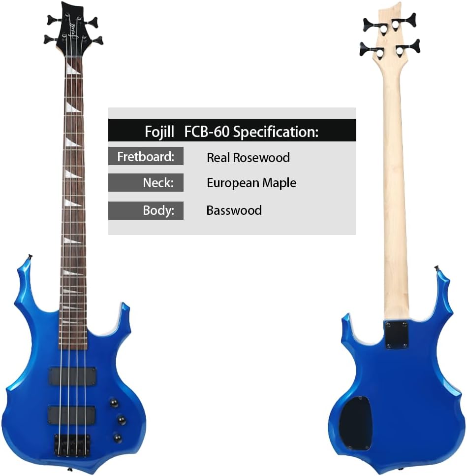 Fojill Full Size 4 Four String Electric Bass Guitar 10W Battery Power Bluetooth Amplifier Amp Beginner Starter Kit Set Combo Bundle Package Accessory Bag,Picks,Capo,Cable,Strings(Metallic Blue)