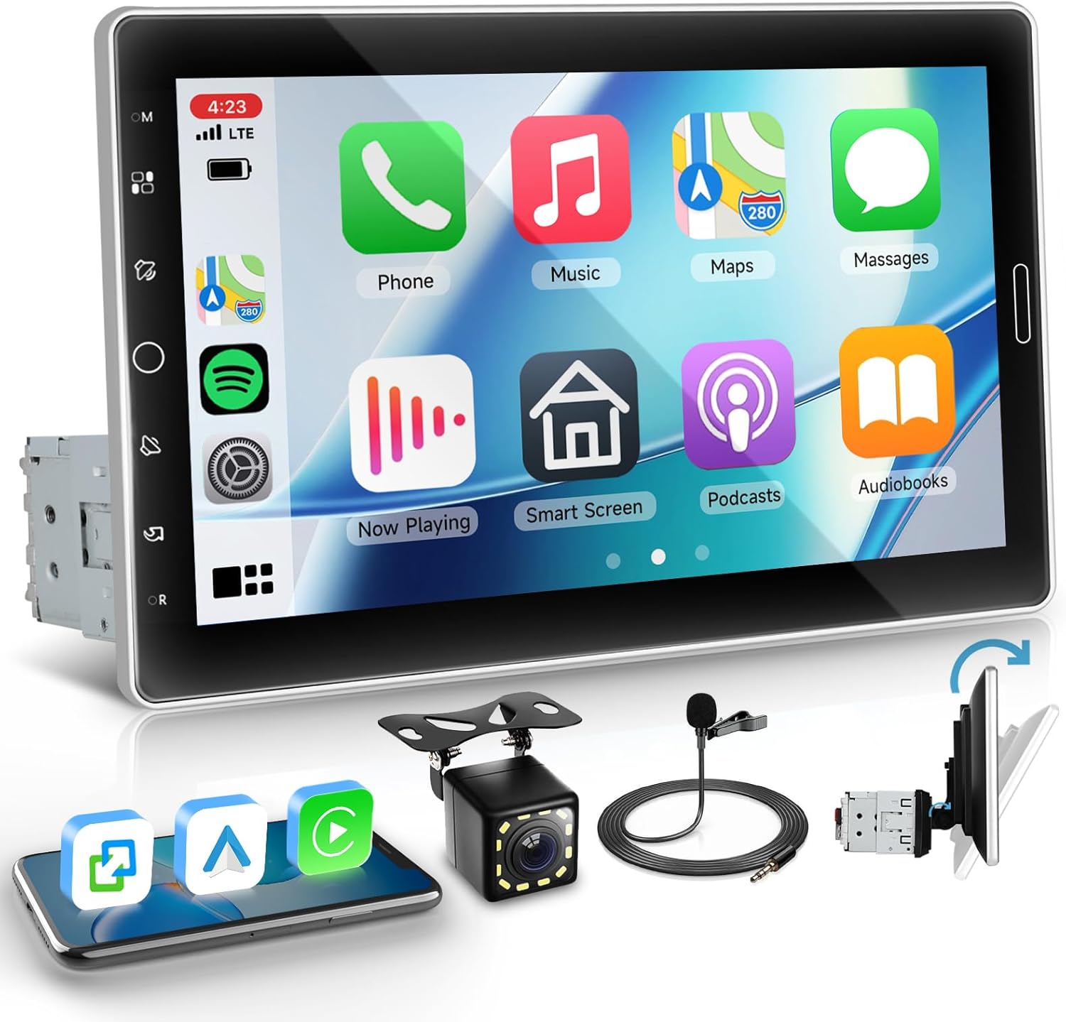 Single Din Car Stereo with Wireless Carplay Android Auto, 10.1-Inch Rotation Touch Screen with Bluetooth, FM AM RDS Radio, GPS, Mirror Link, SWC, EQ, Dual USB, AUX + Camera+MIC