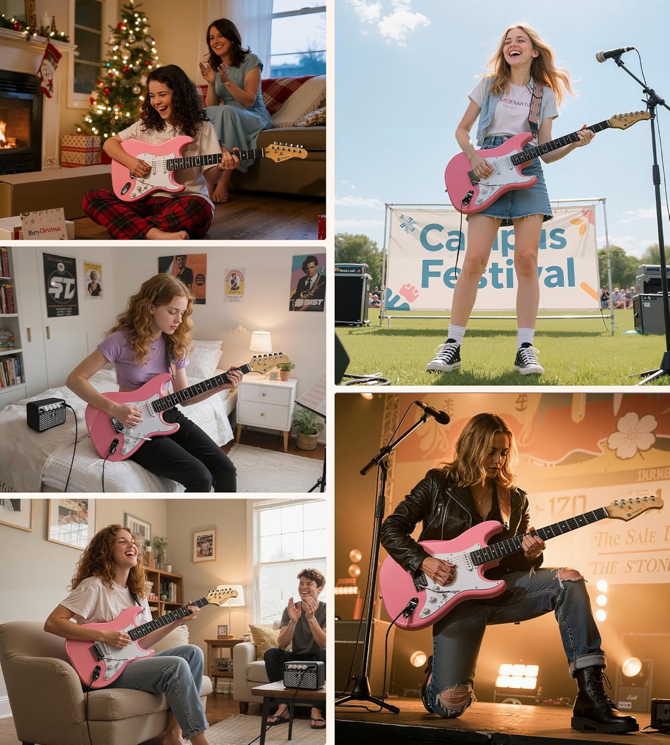 Vangoa 39 Inch Full Size Electric Guitar Beginner Kit Solid Body SSS Pickups with Amp, Bag, Tremolo Bar, Strings, Tuner, Picks, Strap, Capo, Cable for Starter Girls Adults Teens, Petal Pink