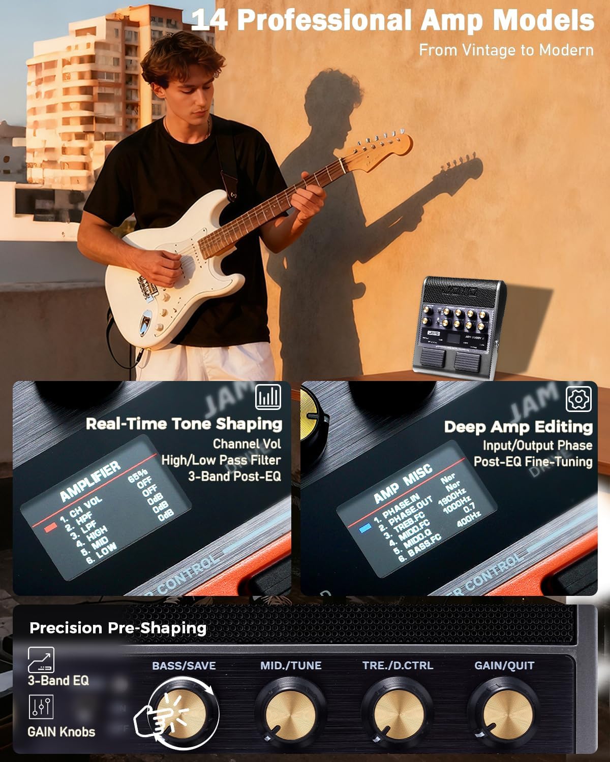 JOYO 10W Electric Guitar Combo Amp Multi-Effects Pedal Portable Amplifier with Footswitch,14 Amp Models,3-Band EQ,36 Drum Patterns & Looper,OTG Recording,Bluetooth for Practice(JAM Buddy II, Gray)