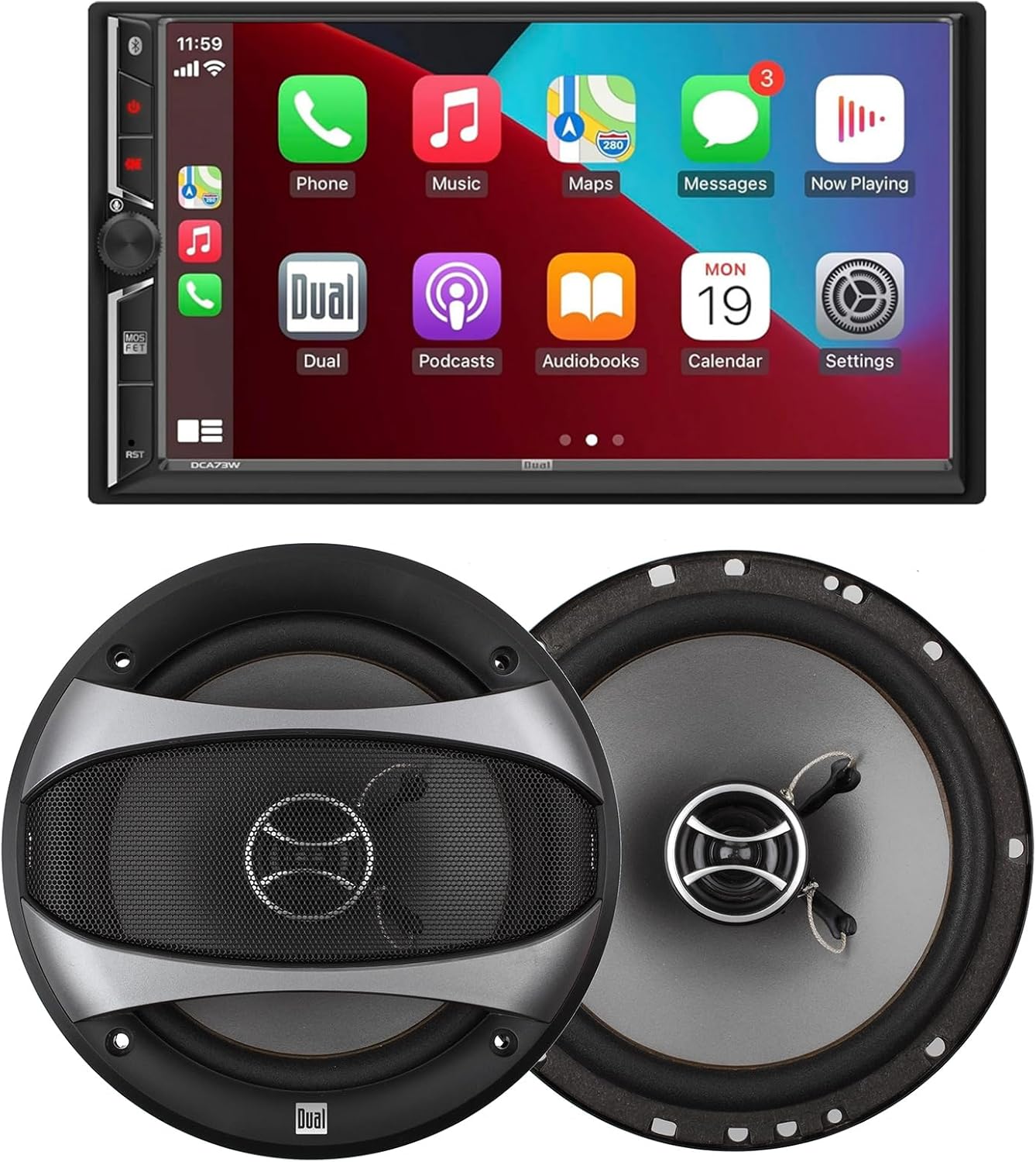 Dual Electronics DCA73W 7-inch Certified Apple Carplay Android Auto Car Stereo with D65SP 2-Way 6.5 inch Speakers Bundle