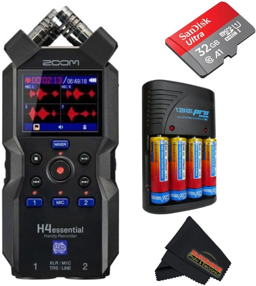 Zoom H4essential 4-Track 32-Bit Float Portable Audio Recorder with Sunshine Accessories Bundles... (H4essential - Essential Bundle)