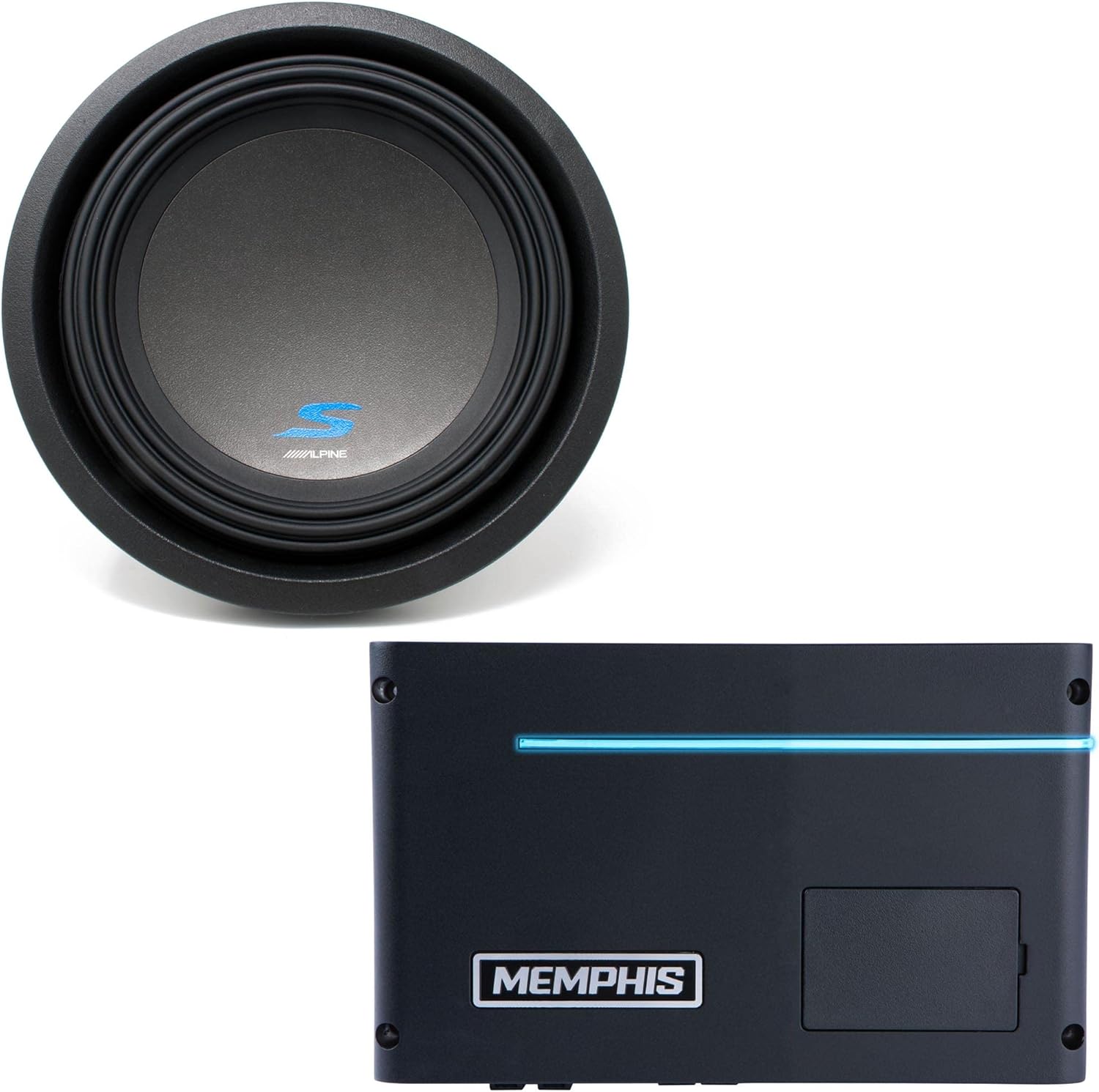 Memphis PRXA600.1 Power Reference Series Mono Subwoofer Amplifier and a Alpine S-W10D2 S-Series 10