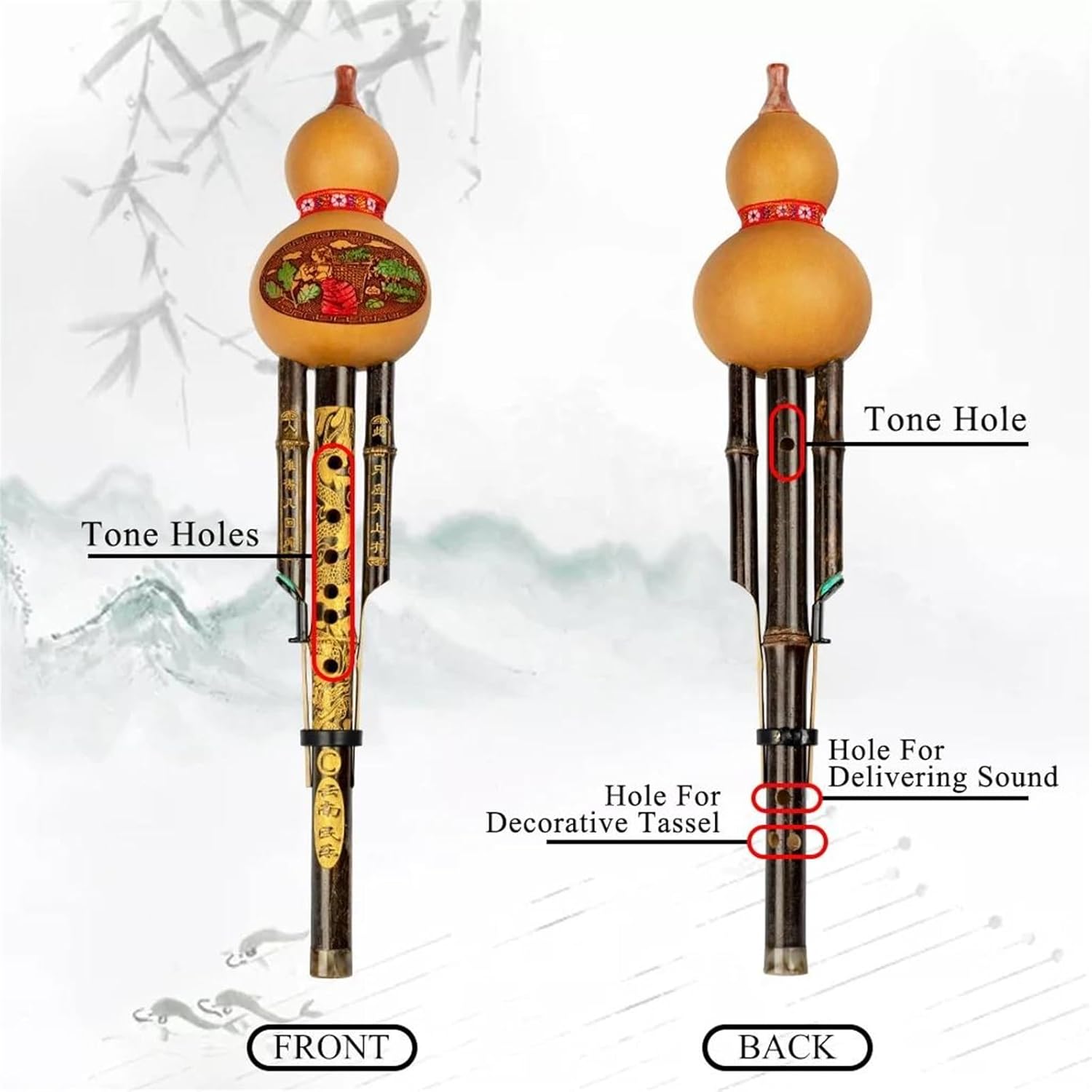 Hulusi Flute Hulusi Flute Mouth Organ C-Major Wind Chamber Reed Instrument Carved Gourd Three Thin Bamboo Pipes Flute