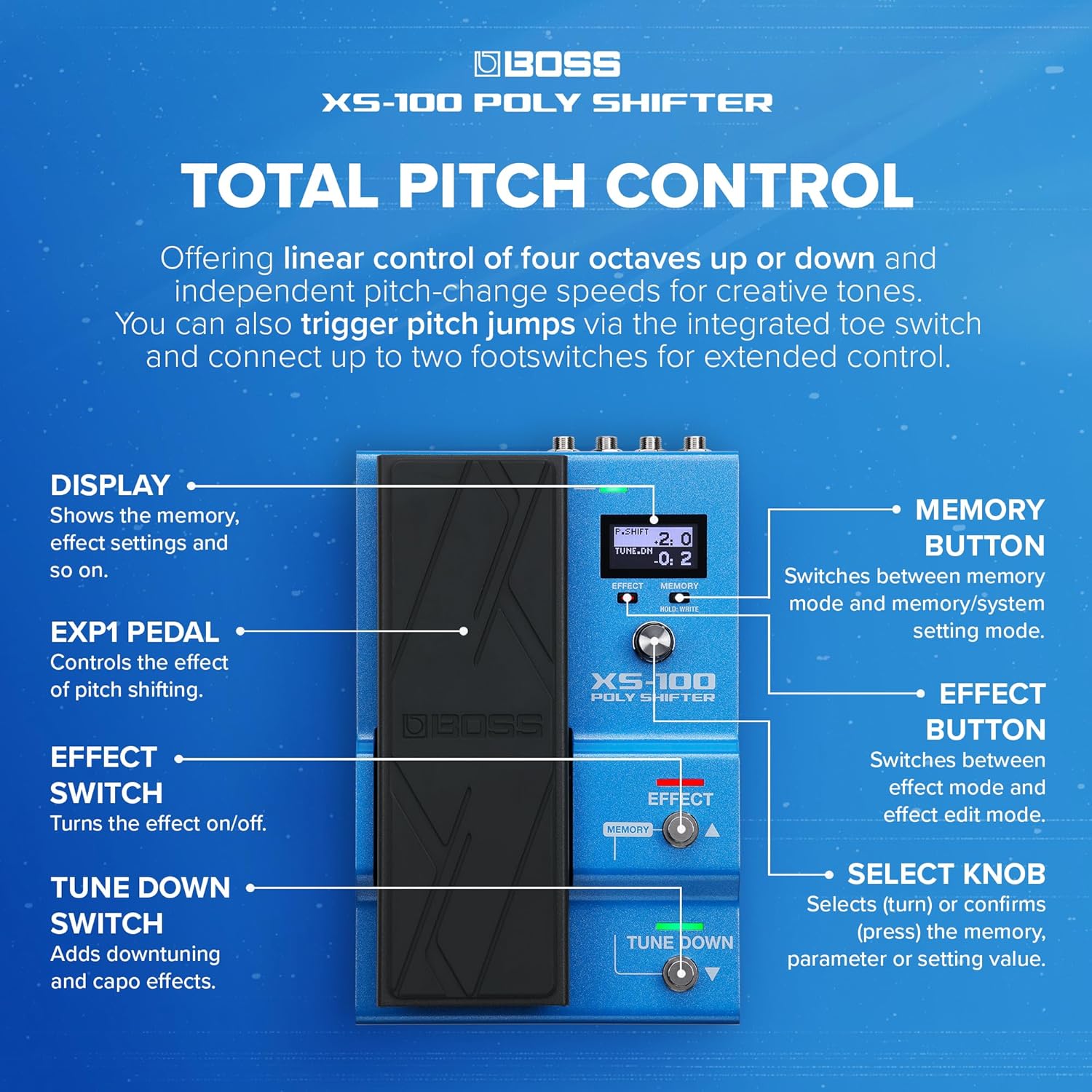 BOSS XS-100 Poly Shifter | Advanced Pitch Shifting Workstation | Class-Leading Sound | Total Pitch Control for Guitar/Bass Across 8 Octaves | Onboard Pedal & Display | 30 Memories for Saving Setups
