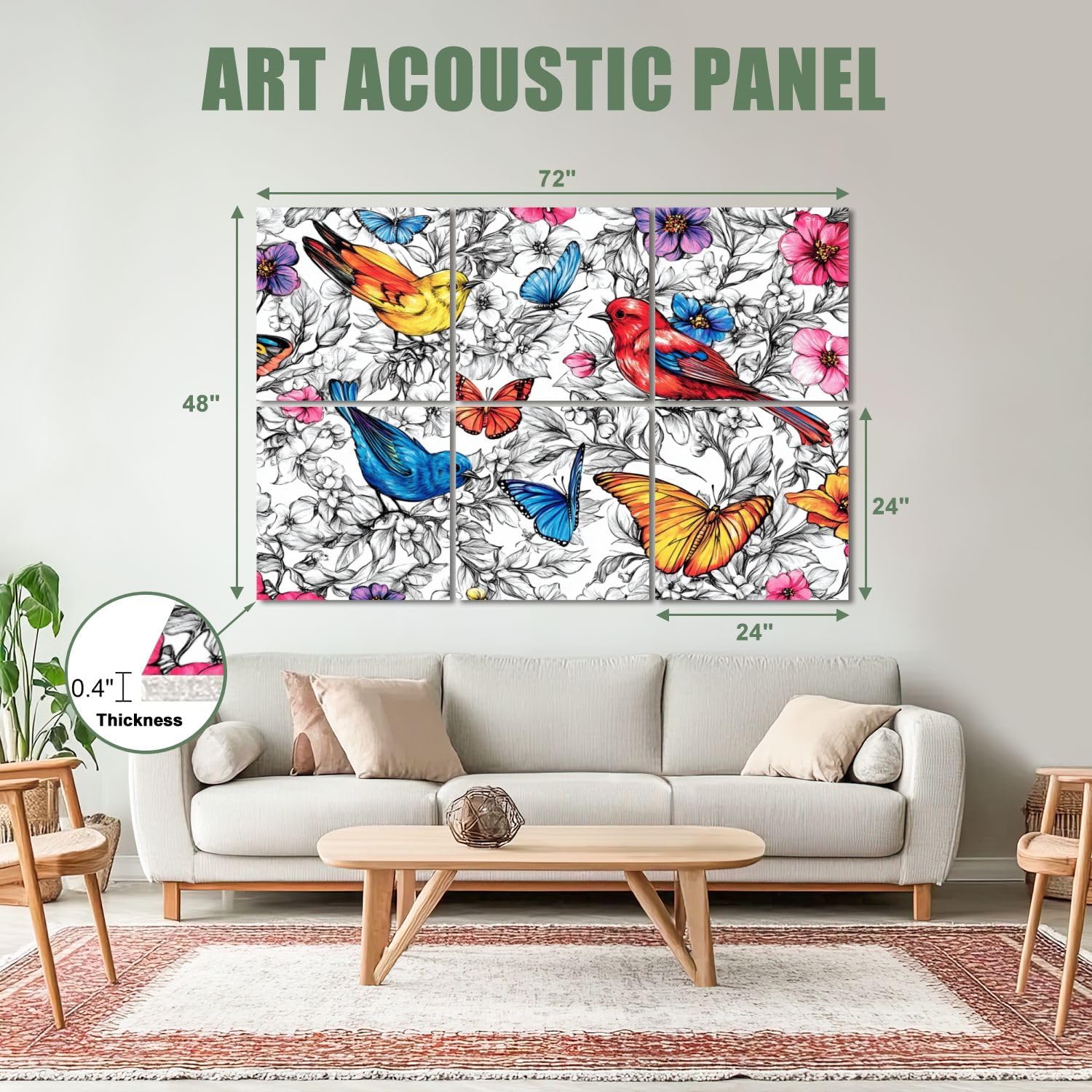 6 Pack Art Acoustic Panels Sound Absorbing Black And White Floral Birds Butterflies Flowers Leaves Branches Hand Decorative Soundproof Wall Panels Self Adhesive for Recording Studios Office 72