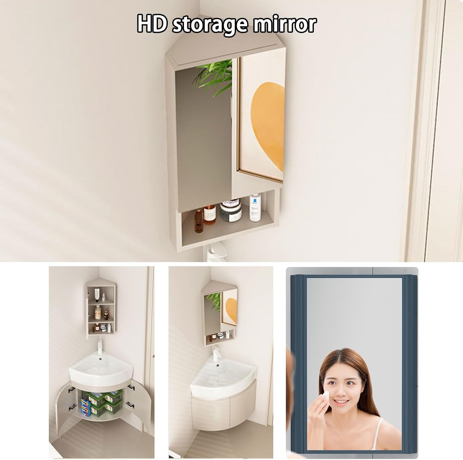 Corner Wall Mount Bathroom Sink, Corner Bathroom Vanity Sink Combo, Bathroom Corner Cabinet with Storage Container and Mirror Cabinet, Ceramic Wash Basin for Small Spaces(48cm/18.9in)