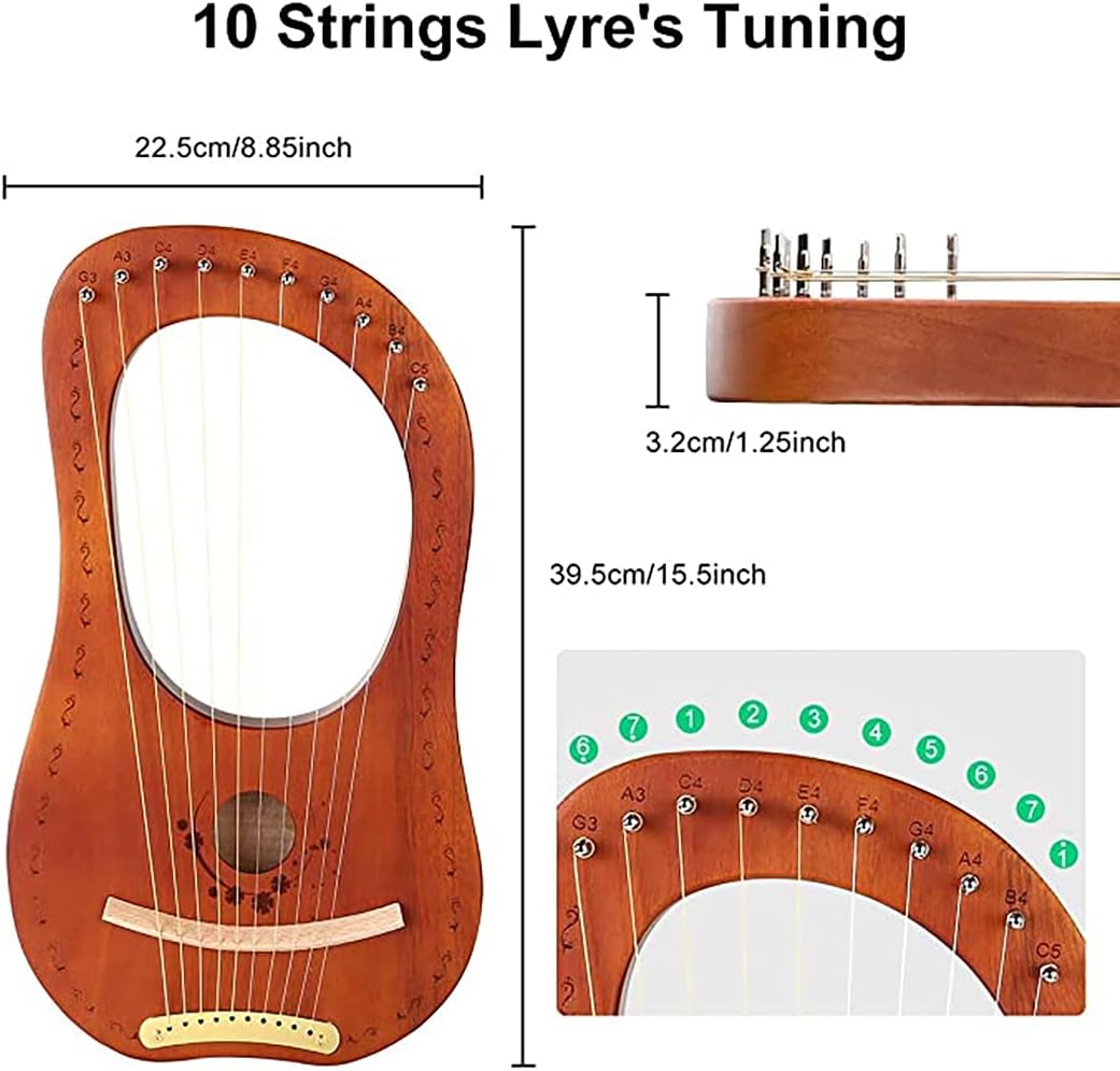 Lyre Harp, 10 Metal Strings, Mahogany Lye Harp with bag Tuning Wrench (Brown)