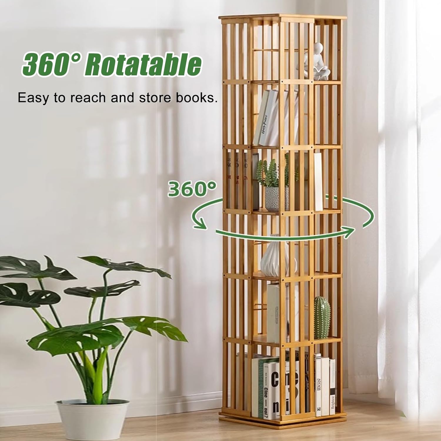6 Tier Freestanding Books Magazine Documents Organizer Cabinet with Removable Book Stops & Foot Pad, 360 Rotating Bookshelf for Kids & Student, Home Commercial(Wood Color)
