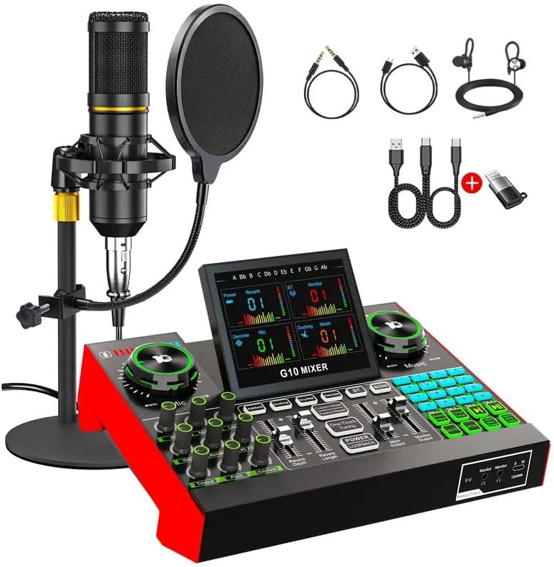 Podcast Equipment Bundle Audio Mixer, Sound Board for PC/Phone Live Streaming Singing Gaming, Sound Mixer for 3.5mm/Xlr Dynamic/48V Microphone, Live Sound Card with DJ Mixer Effects & Voice Changer