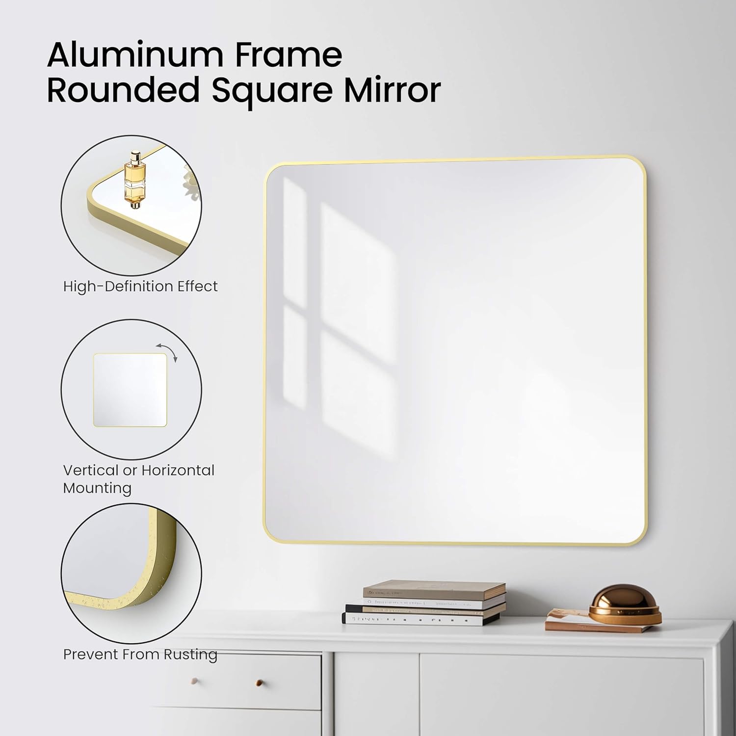 KIBI Shatteproof Wall-Mount Metal Frame Mirror | Horizontal/Vertical Mount | Wall Mirror for Bathrooms, Living Rooms, Hallways, Entryways, Offices | Rust Resistant (Brushed Gold, 36