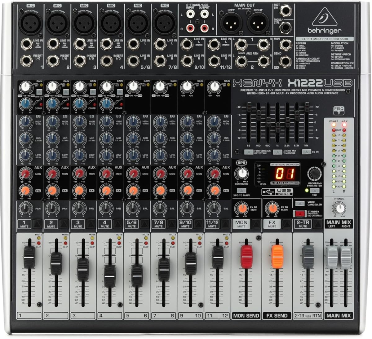 Behringer XENYX X1222USB Premium 16-Input 2/2-Bus Mixer with XENYX Mic Preamps and Compressors, British EQ, 24-Bit Multi-FX Processor and USB/Audio Interface