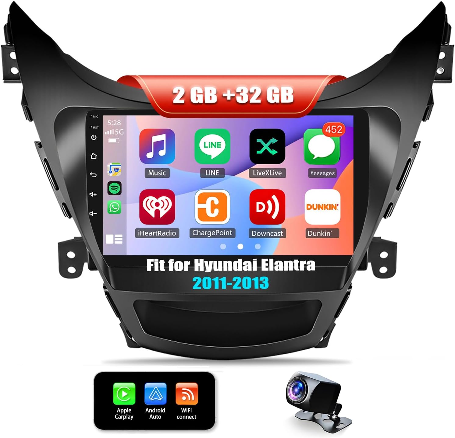 2+32G Android 13 Car Stereo Compatible with Hyundai Elantra 2011-2013 Radio Upgrade 9 Inch Touch Screen with Wireless Carplay Android Auto AHD Backup Camera Mirror Link GPS SWC WiFi FM