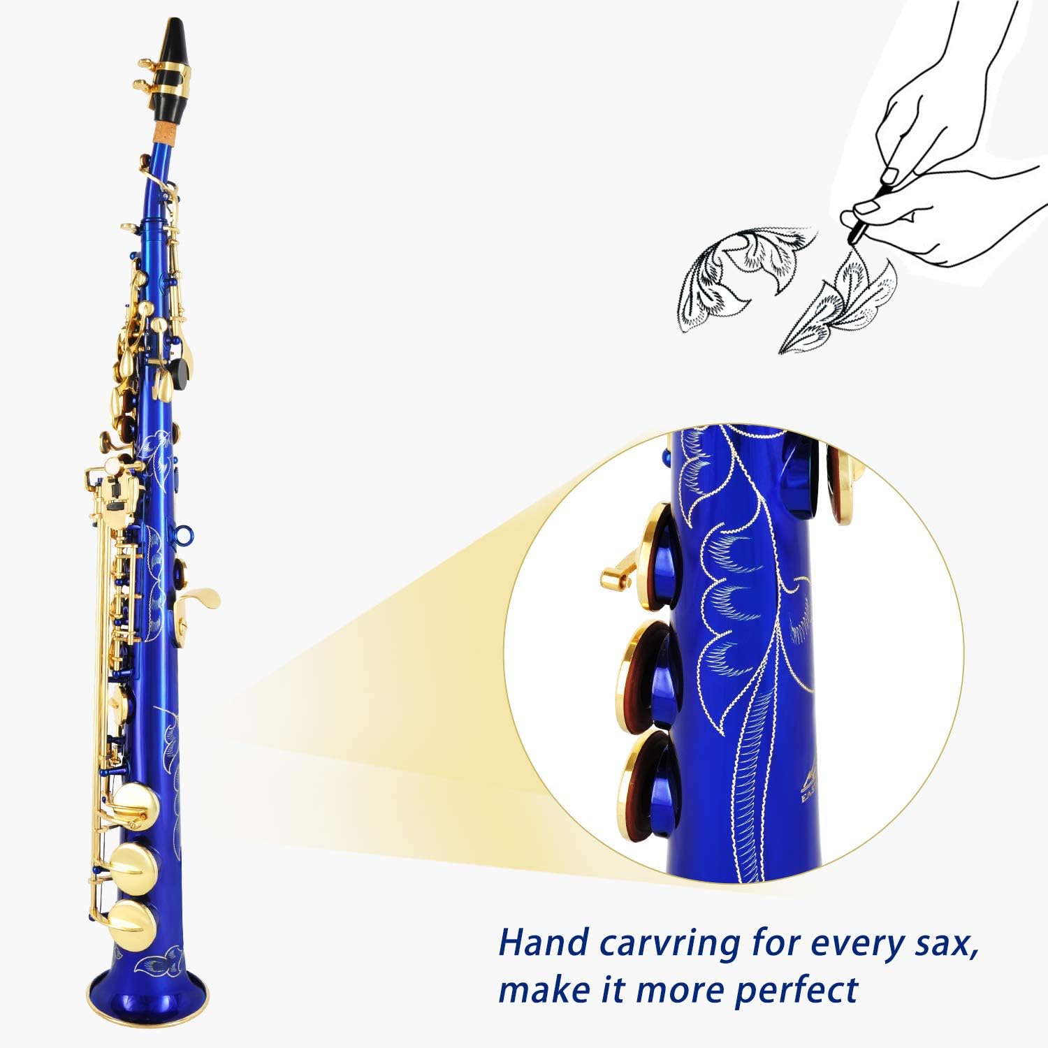 EASTROCK Bb Soprano Saxophone Straight Blue Sax Instruments for Beginners Intermediate Players with Carrying Case,Mouthpiece,Pads,Reed,Cleaning kit,Neck Strap,White Gloves