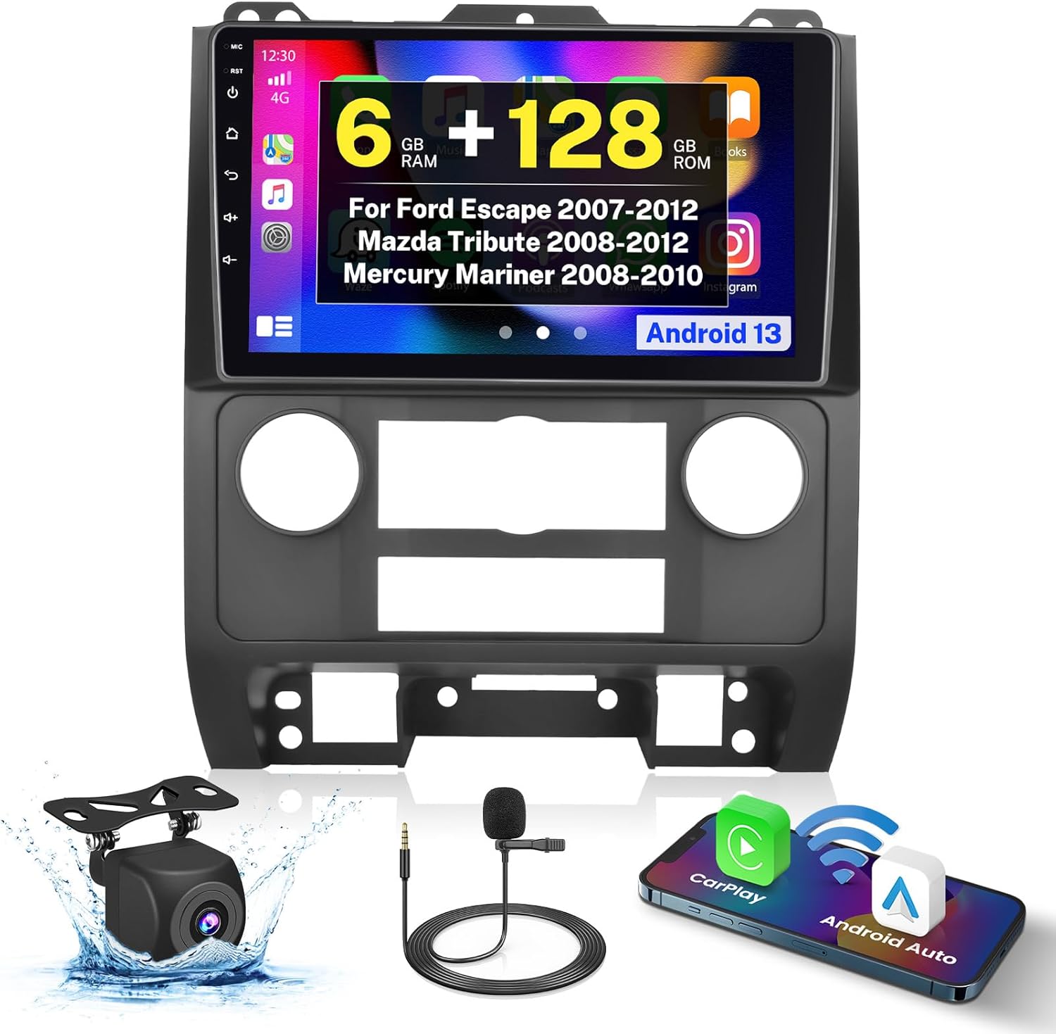 6G 128G Screen for Ford Escape 07-12 for Mercury Mariner 08-10 for Mazda Tribute 08-12 Car Stereo Android 15 Radio Upgrade 8 Core 9'' CarPlay Bluetooth Navigation AHD Backup Camera