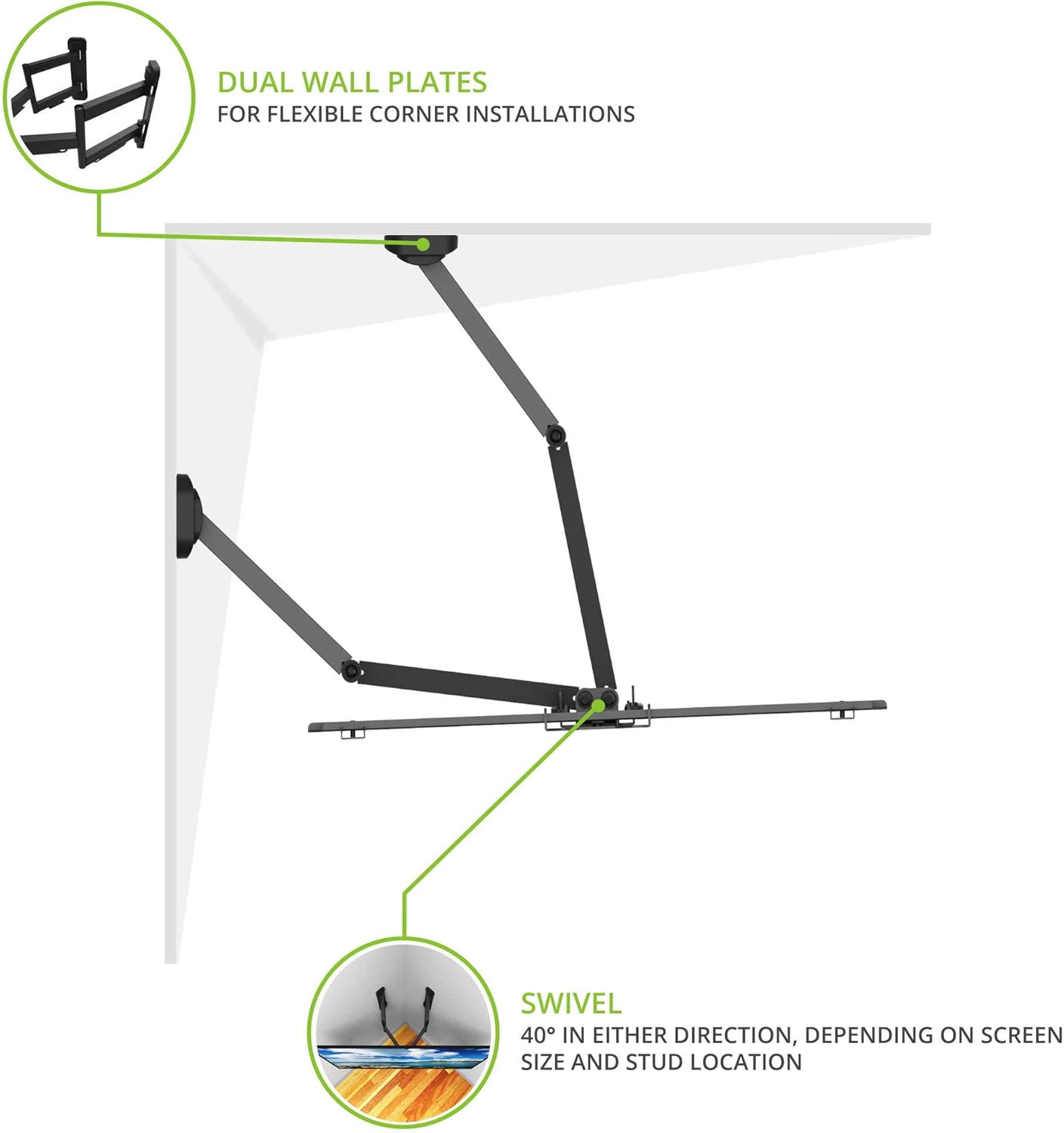 Kanto PDC650 Full Motion Corner TV Mount for 37-inch to 70-inch TVs | Supports up to 125 lbs | Swivel 40° | Tilt +15°/-3° | Black