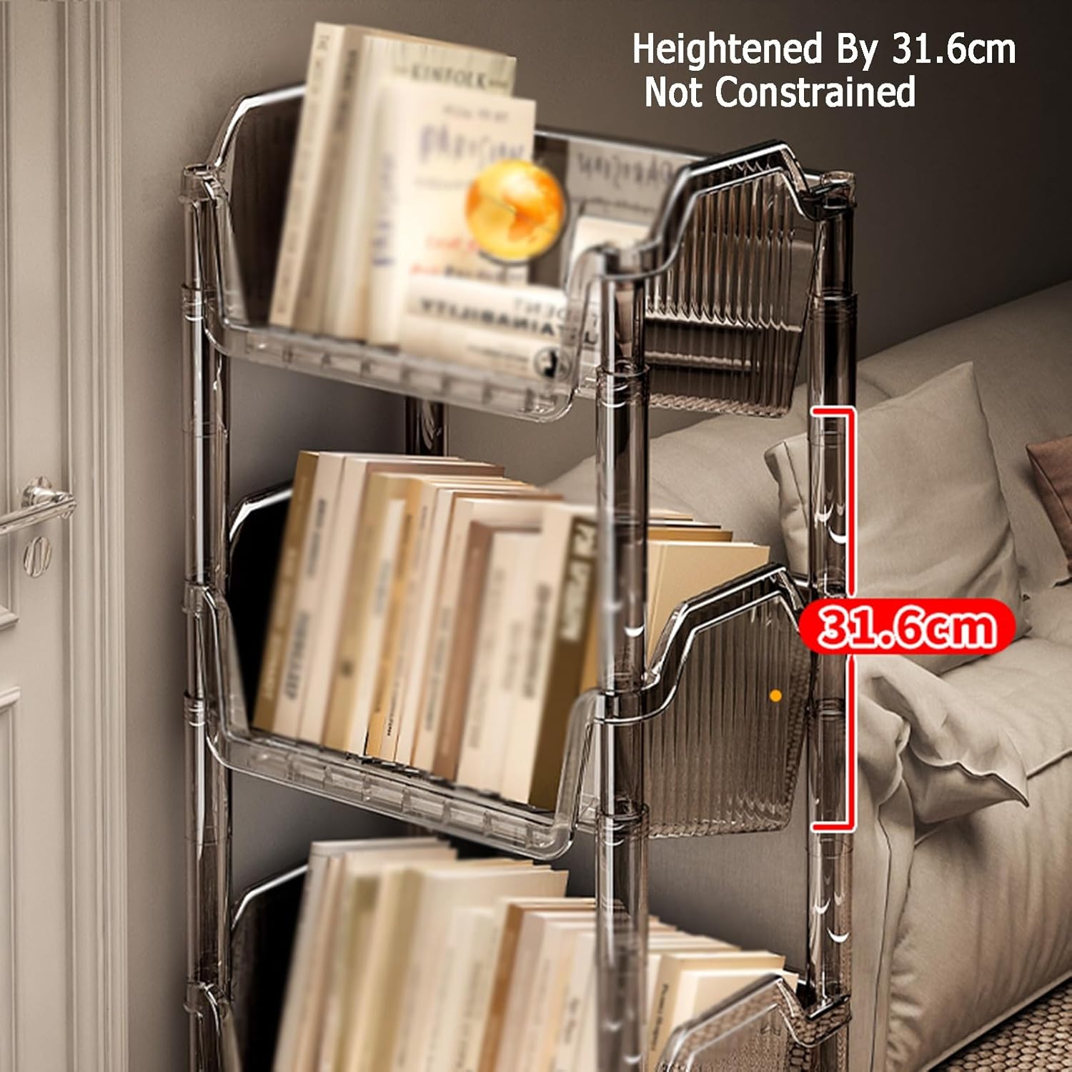 3/4/5 Cube Bookshelf, Multi-Layer Home Desk Side with Wheels, Suitable for Living Room, Study Room, Reading Corner (Transparent Gray)(5tier) ()