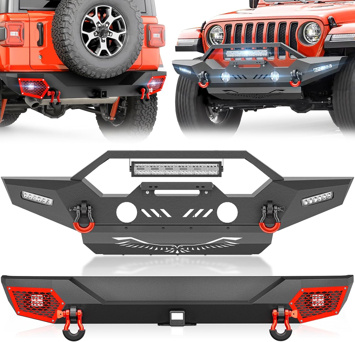 SUORTO Front and Rear Bumper Compatible with 2018-2026 Jeep Wrangler JL JLU With Skid Plate, License Bracket, Winch Plate, LED Lights, Paintable Armor, Fog Light Holes, Hitch Receiver & D-rings