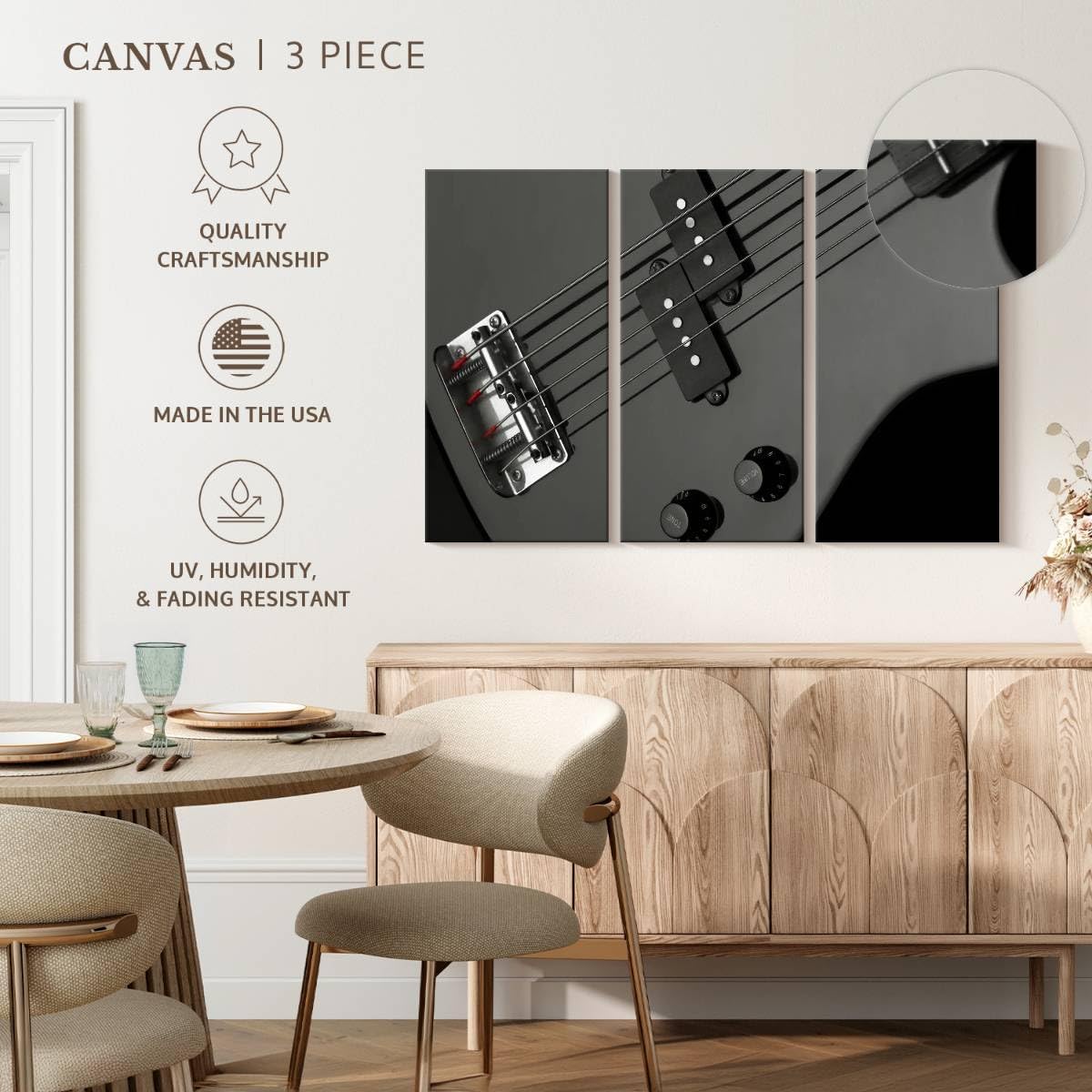 ElephantStock - Bass Guitar Wall Art - Horizontal Multi Panel Canvas - 3 Piece Living Room Wall Decor - Photography Music Multi Piece Wall Art - Gray And Black Decor - 74