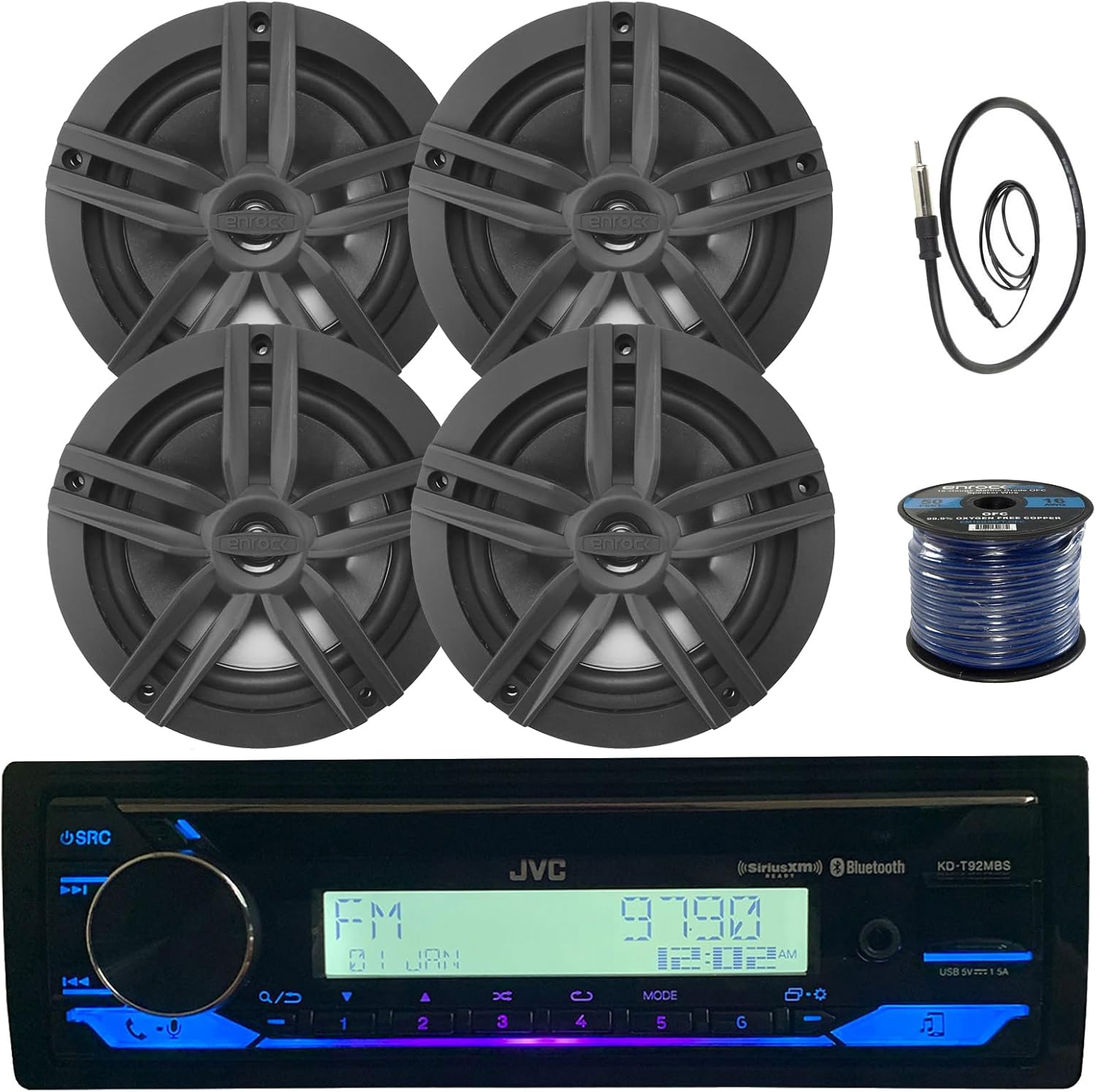 Single DIN in-Dash Marine Boat Audio Bluetooth CD Player Receiver Bundle Combo with 4X Enrock 6.5