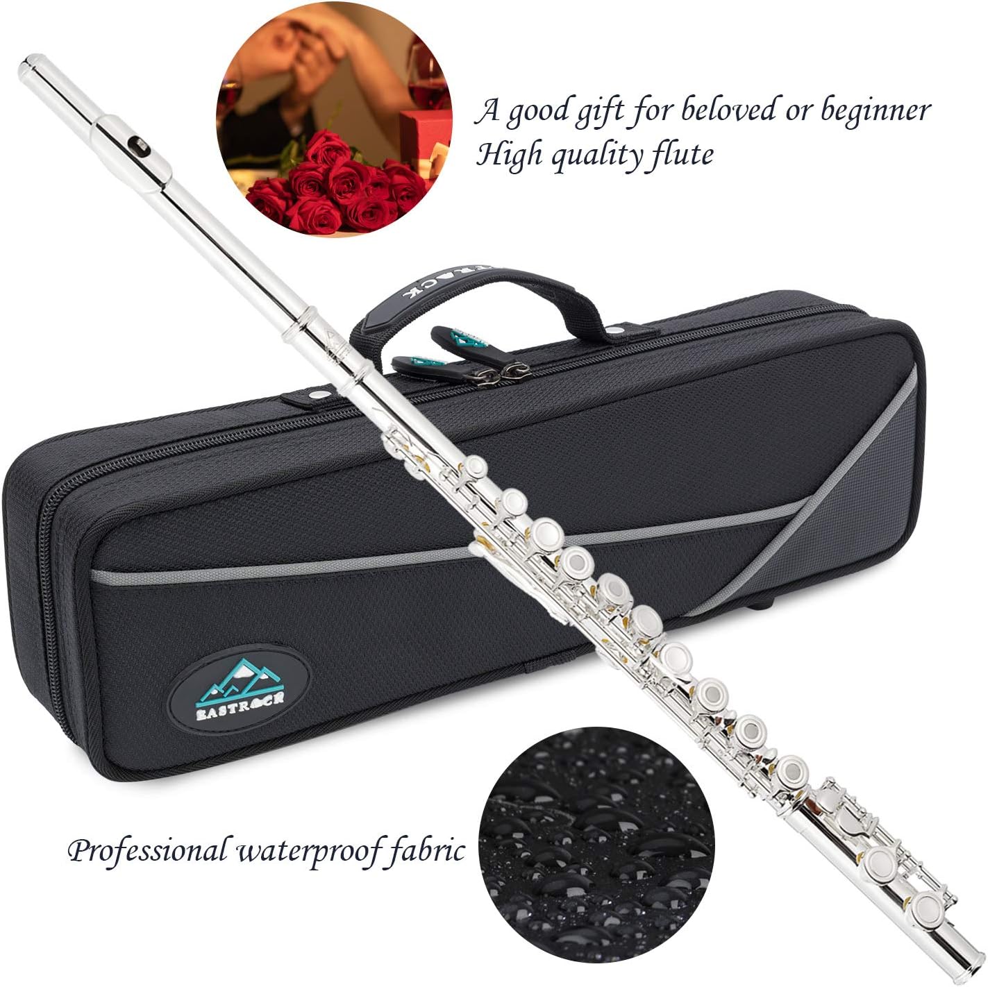 EASTROCK Open Hole Flutes C 16 Keys Silver Plated Flute Instrument for Beginner Kids Student with Carrying Case,Stand,Cleaning kit,Gloves,Tuning Rod(Open/Closed Hole,Silver Plated)