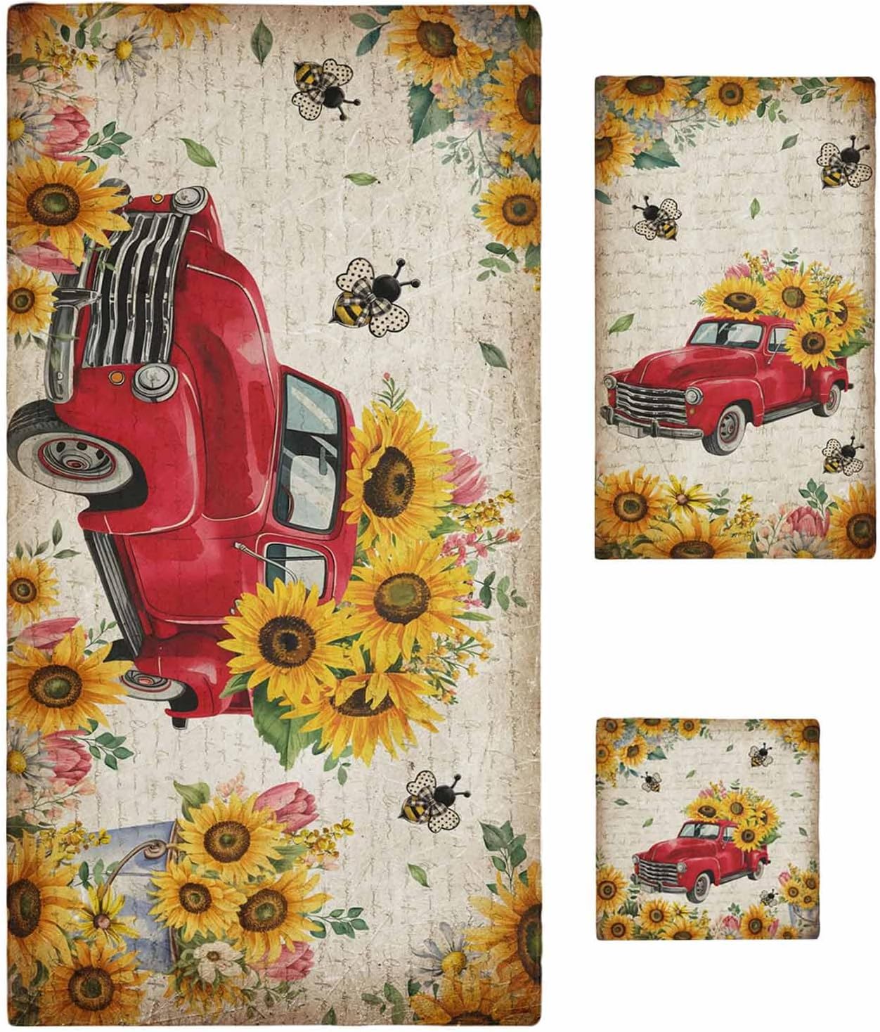 Yellow Flowers Bath Towels Set of 3 for Bathroom,Soft Absorbent Shower Beach Hand Face Hair Yoga Workout Gym Towel Dish Wahcloth,Car Vintage Brown Country Rustic Quick Dry Bath Towels+Set for Kitchen