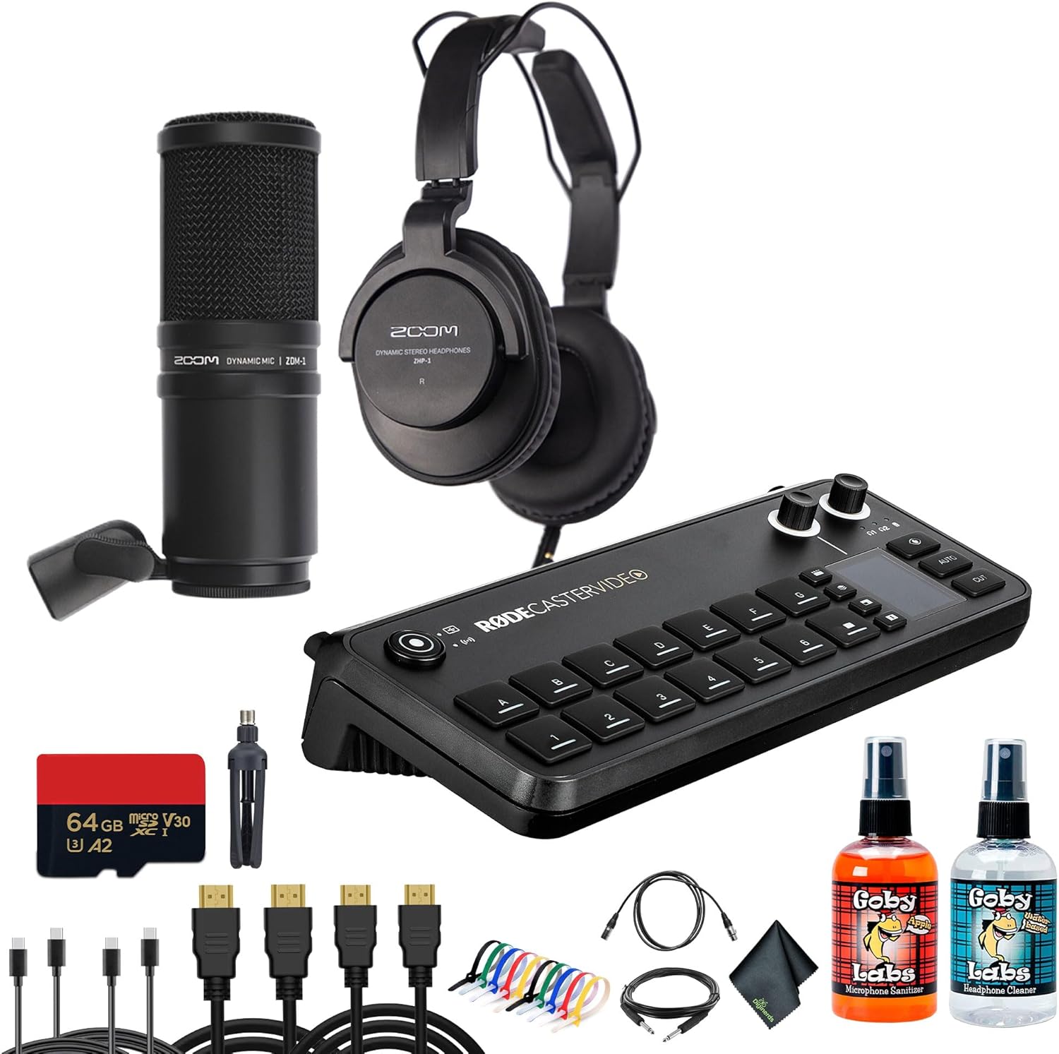 RODECaster Video All-in-One Production Console + Professional Studio Headphones + Podcast Microphone + 64GB Micro SD Memory Card + 2x USB-C + 1/4 TRS + 10 Foot XLR + 2x Video Cables + More (Bundle)