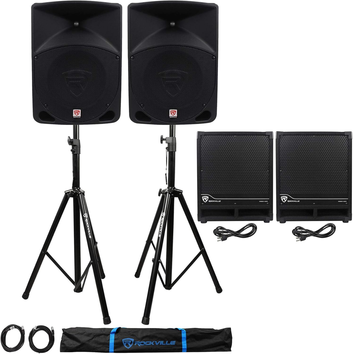 Rockville RPG10 Bundle: (2) 10-in Powered 2-Way DJ PA Speakers 150W RMS/600W Peak each, (2) RBG12S 12 in Subwoofers 350W RMS/1400W Peak each, Adjustable Tripod Stands, XLR Cables & Travel Bag, 5-items