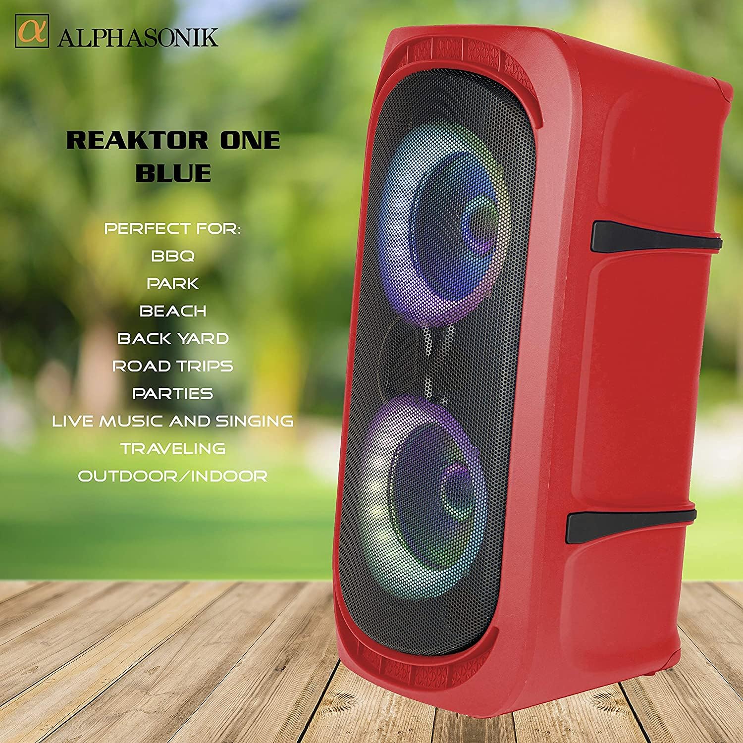 Alphasonik Reaktor One Portable Party Speaker Box High Power Alpha Bass Technology Wireless Bluetooth Mic and Guitar Inputs Phone Charger USB Player AUX App Control Long Lasting Battery up to 18 Hours
