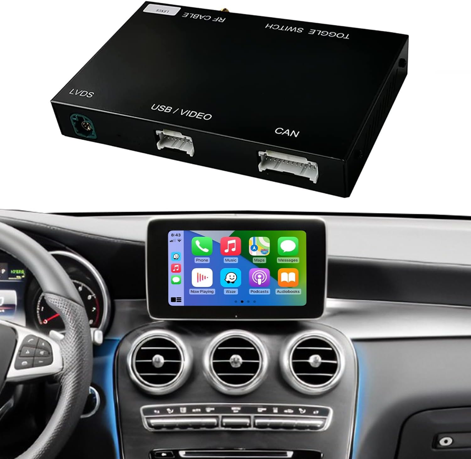 Road Top Wireless CarPlay & Android Auto Retrofit Kit Decoder for Mercedes Benz NTG5.0 C-Class W205/GLC (2015-2018) - Supports Mirrorlink & Reverse Camera