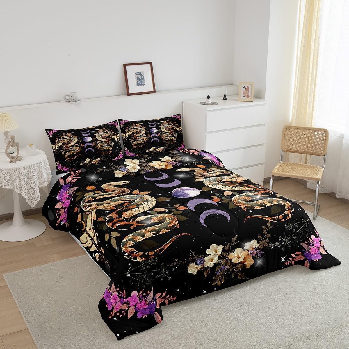 Gothic Snake Moth Comforter Set King Size,Purple Moon Stars Galaxy Boho Bedding Set All Season Quilt Set,Wild Animal Flowers Leaves Black Microfiber Polyester Down Comforter