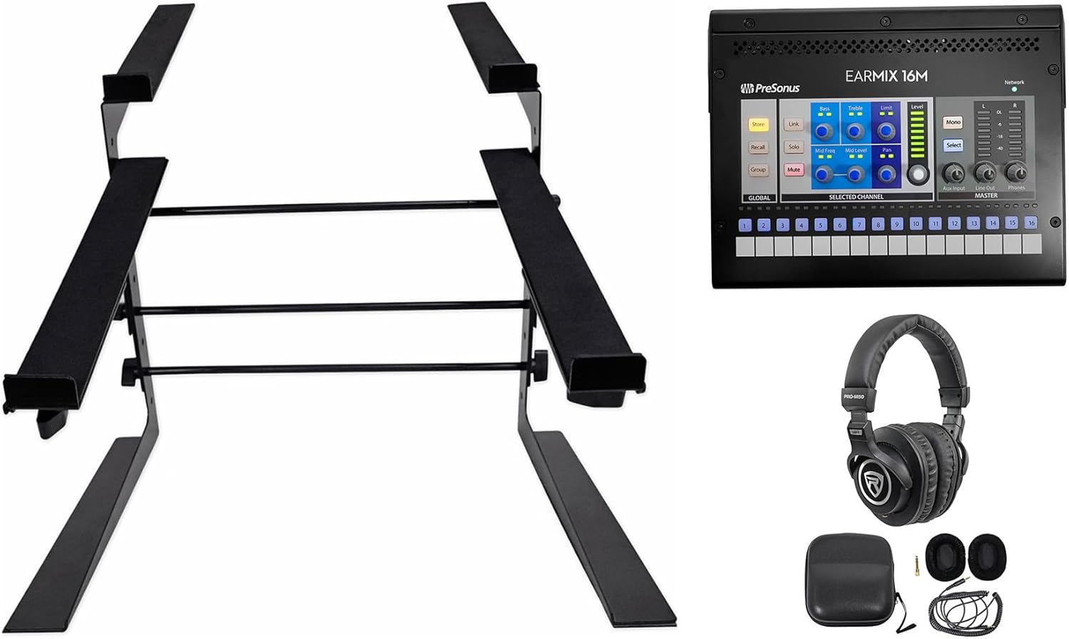 (1) PRESONUS EarMix 16M 16x2 16-Channel AVB Personal In-Ear Monitor/Headphone Mixer Bundle with (1) Rockville PRO-M50 Studio Headphones and (1) Rock2d2 Adjustable Dual Shelf Stand (3 Items)